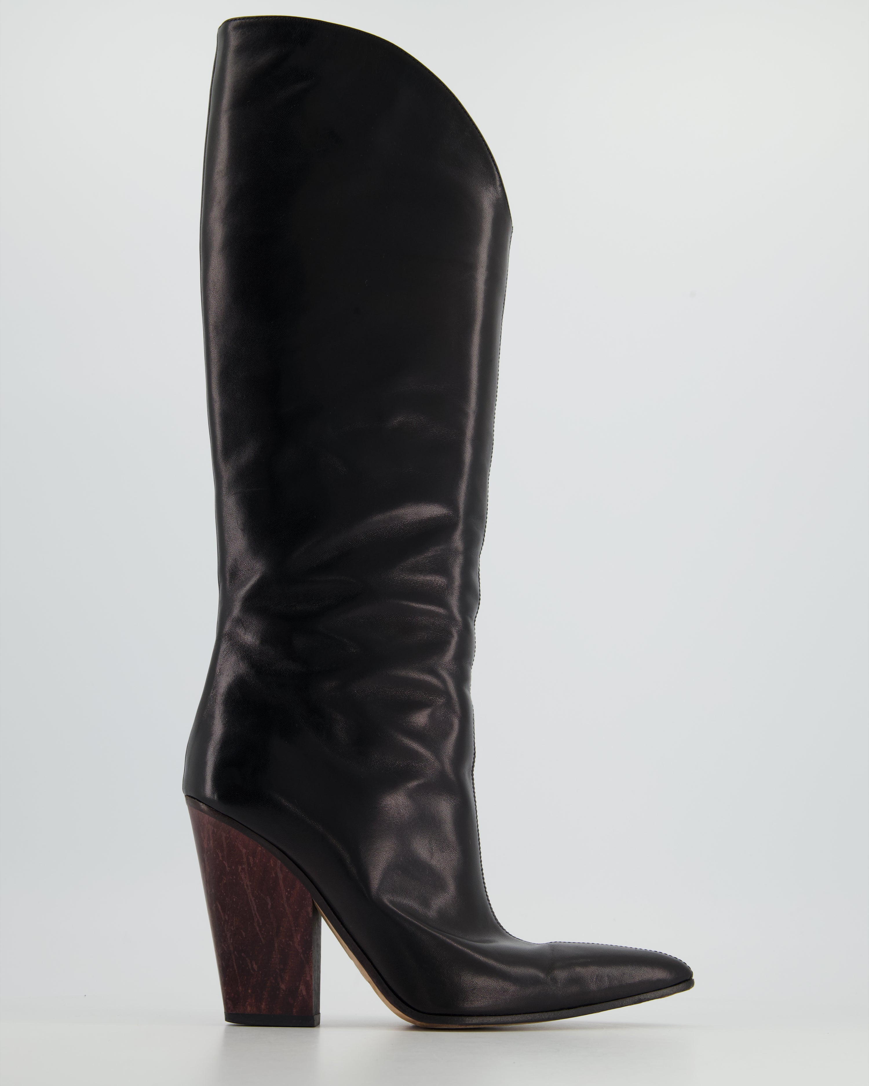 image of Magda Butrym Black Knee High Pointed Toe Boots with Wooden Heel Detail Size EU 37