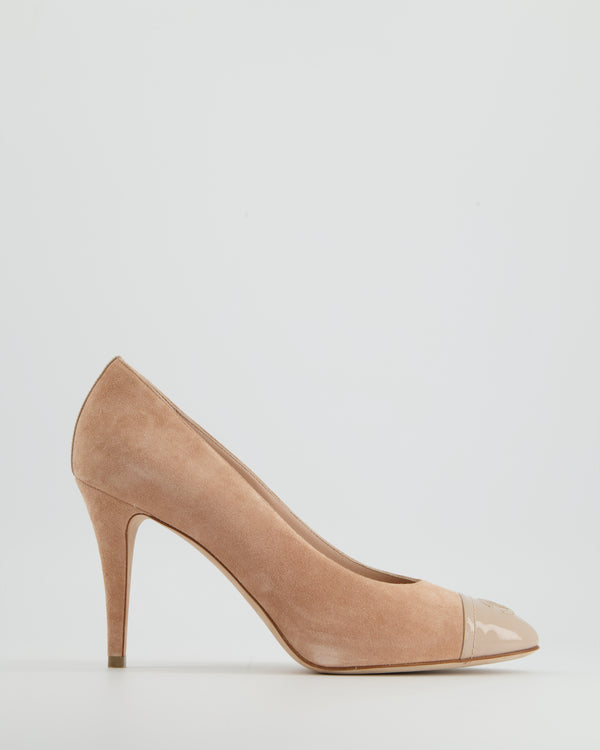 New Chanel Nude Beige Gold Leather Cap Toe Laced Pump Heels Pumps