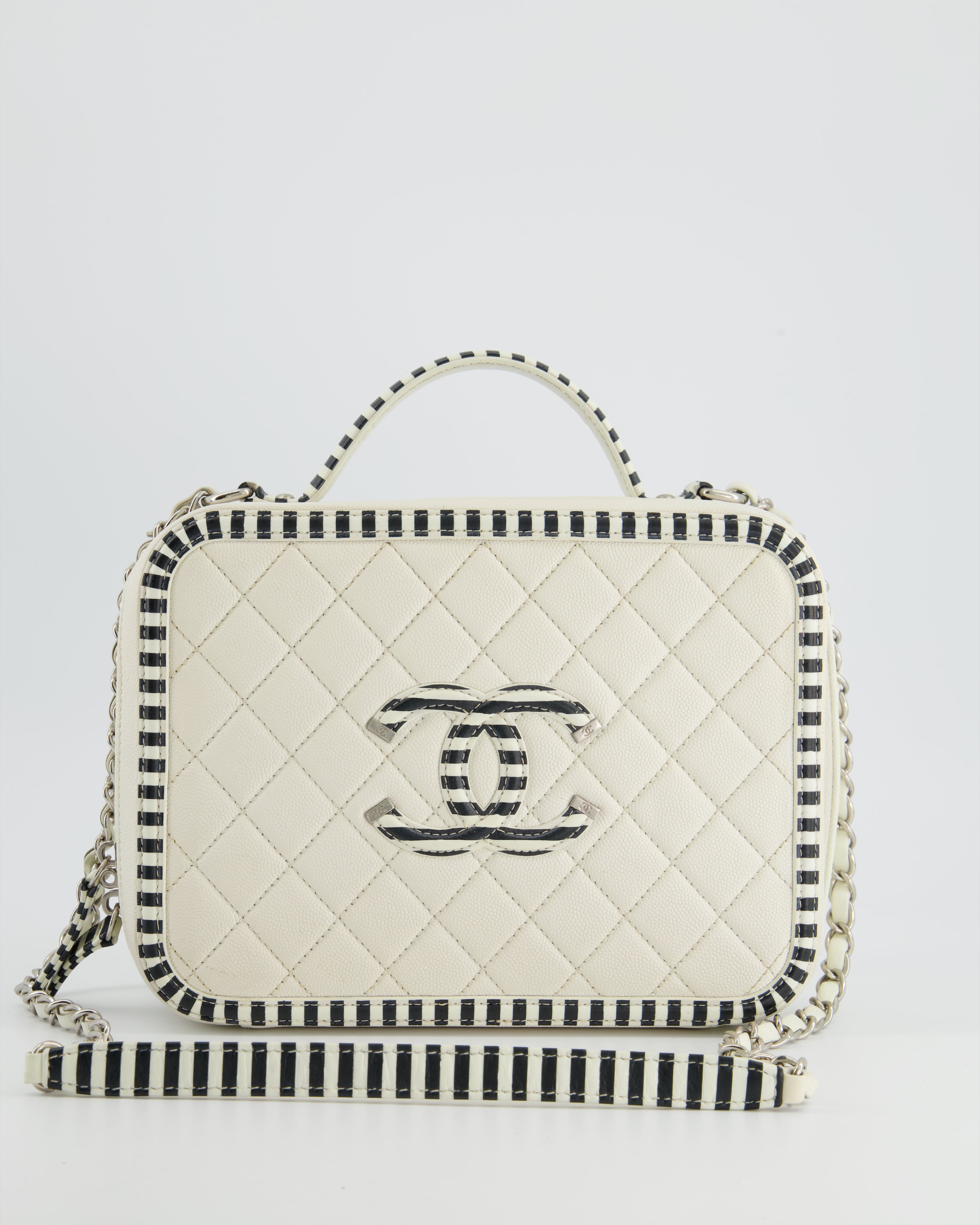 Image of *HOT* Chanel White Caviar Vanity Case with Zebra Motif CC Logo and Silver Hardware