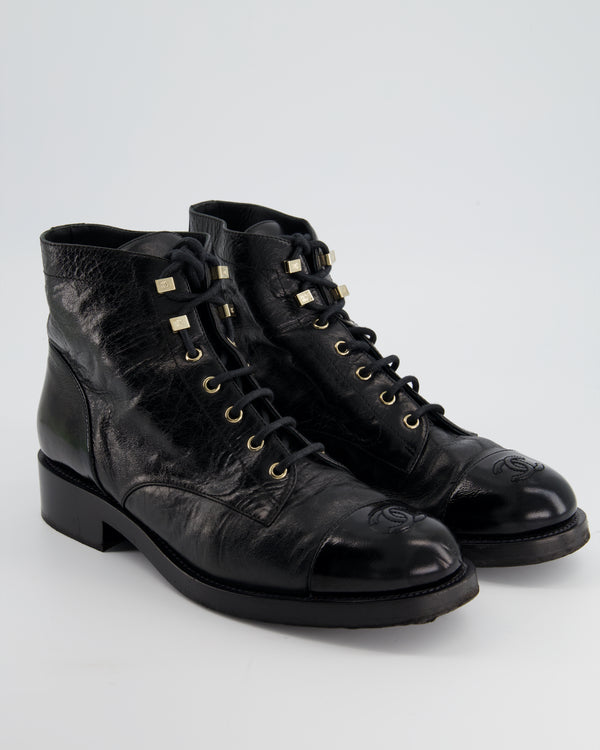 Chanel Boots 8/38 Tall Combat Vintage Black Leather CC Gold Lace