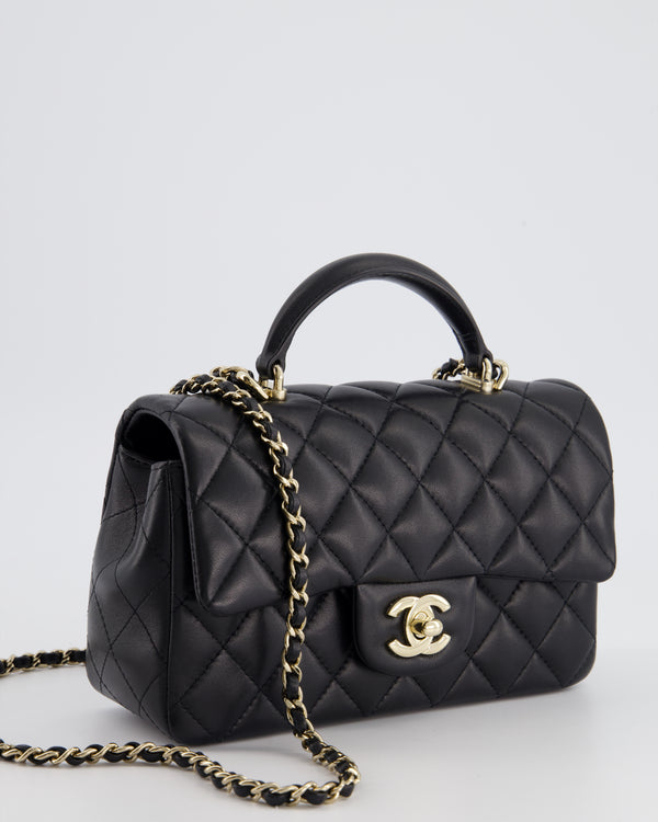 Chanel 23A Black Shiny Lambskin Top Handle Small Flap Bag with Gold  Hardware. 