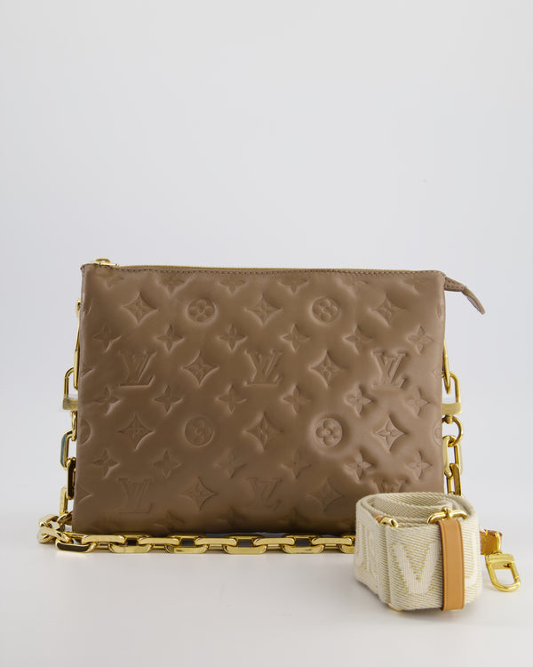 Authentic Louis Vuitton Heels Tan Suede Gold Logo Size 35.5 in Original Box
