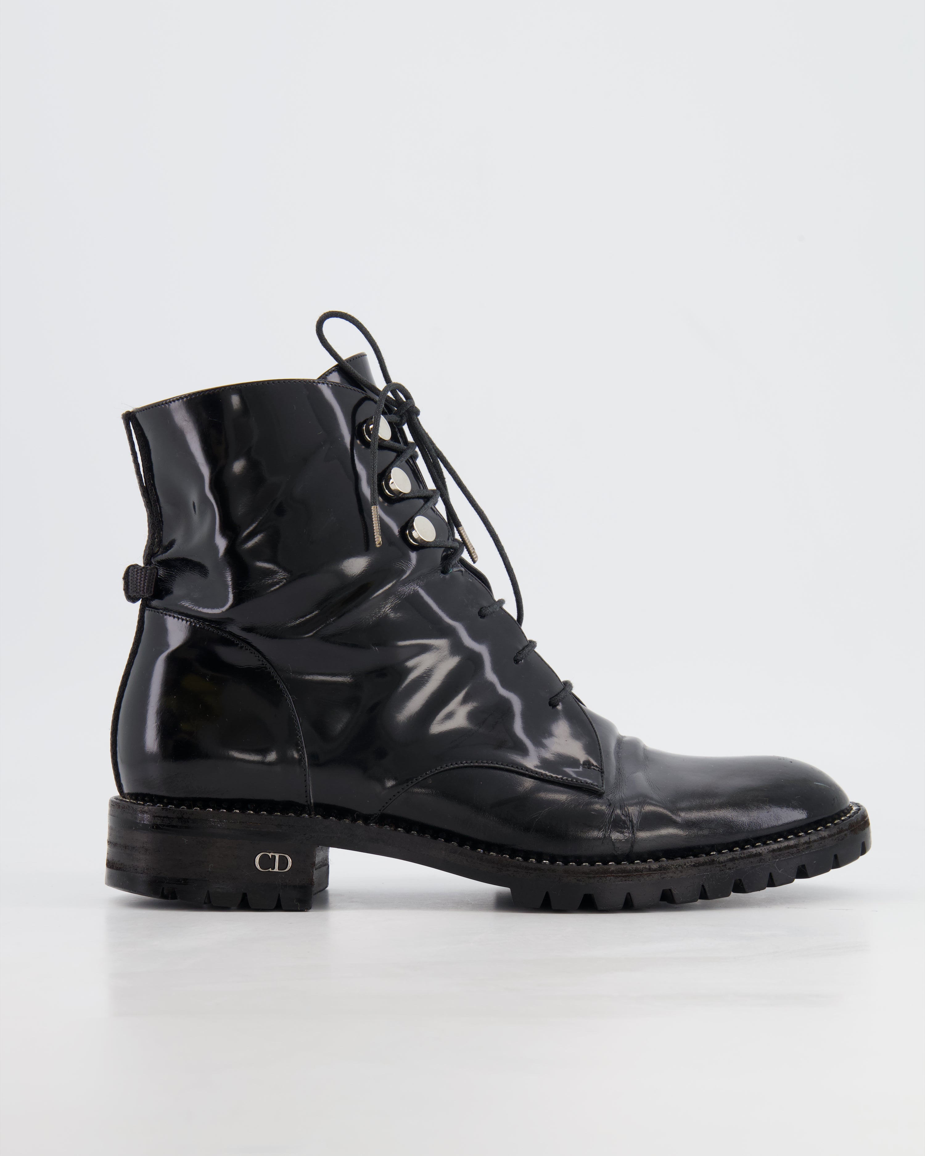 image of Christian Dior Black Patent Leather Combat Boots Size EU 39