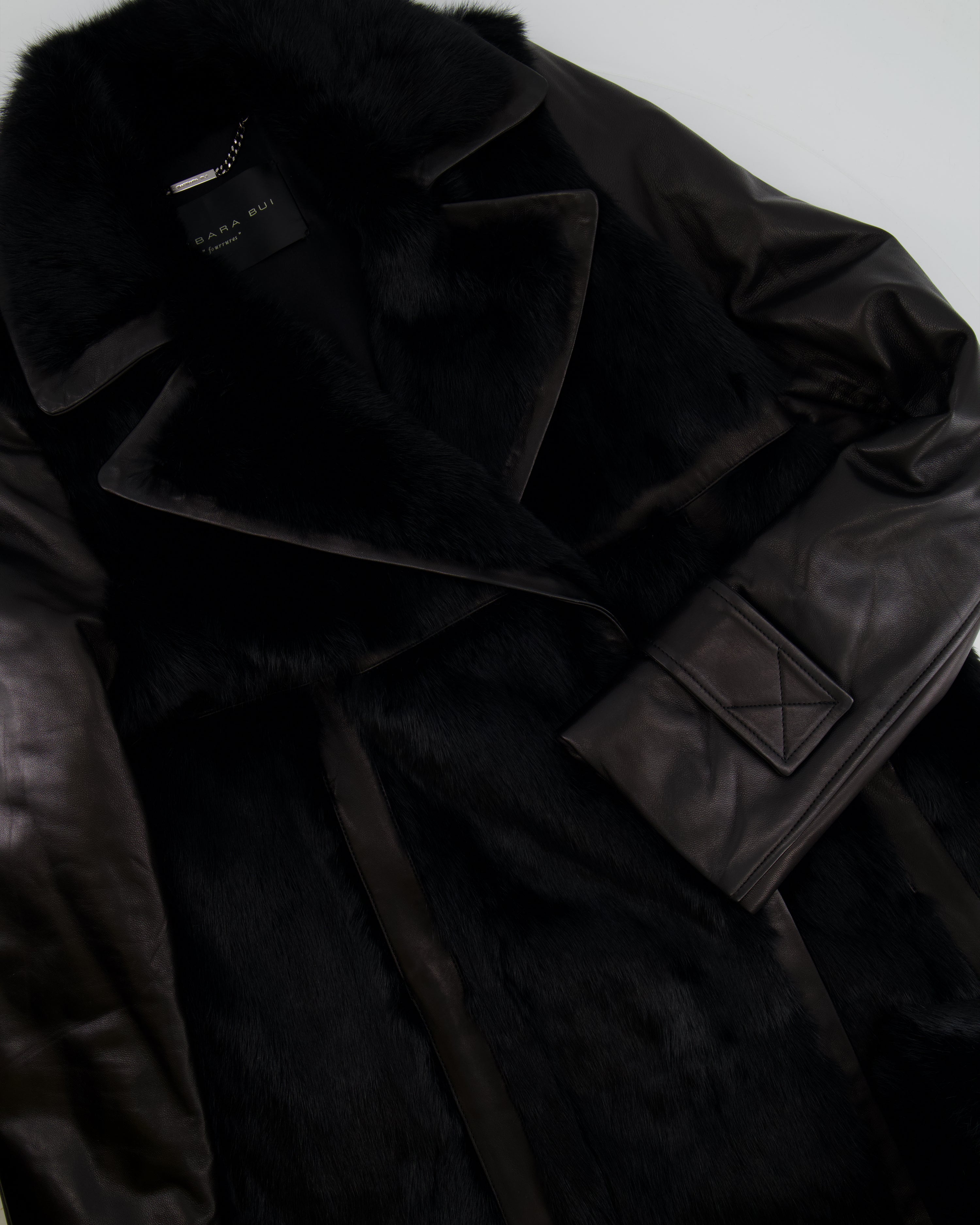 image of Barbara Bui Black Lambskin Leather and Fur Long Coat Size FR 36 (UK 8) RRP £3,500