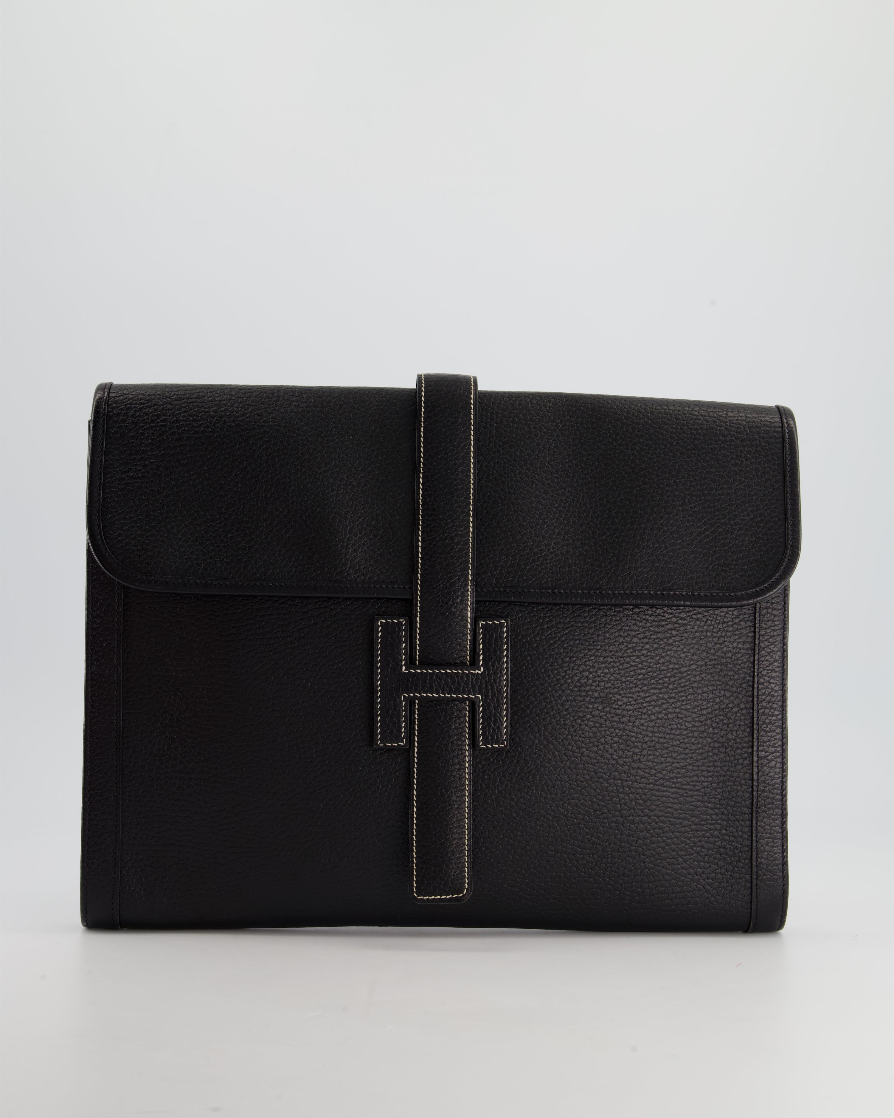 image of *RARE* Hermès Vintage Jige 34 Clutch Bag in Noir Clemence Leather with White Stitching Contrast