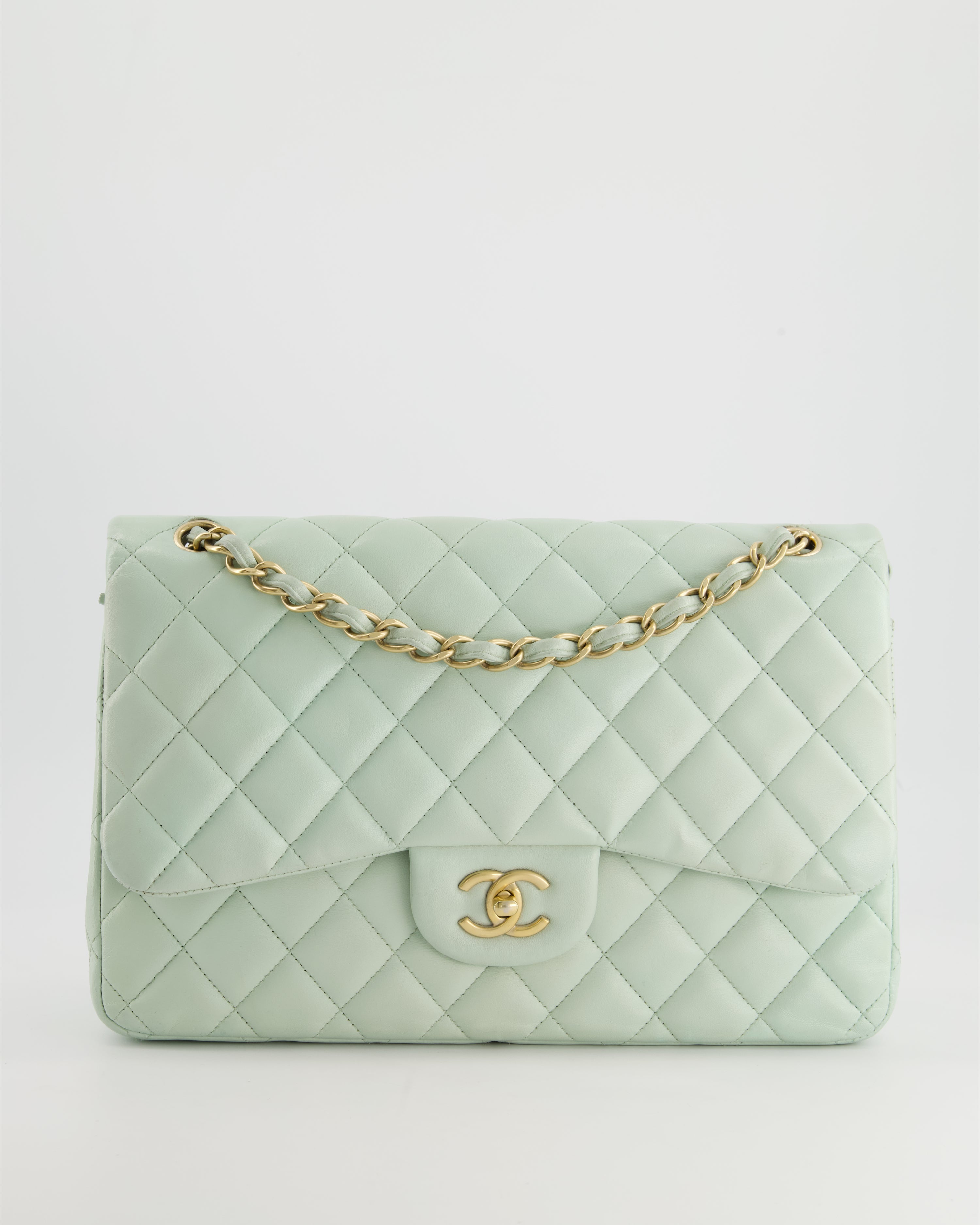 image of *HOT* Chanel Pastel Light Green Jumbo Classic Double Flap Bag in Lambskin Leather with Brushed Gold