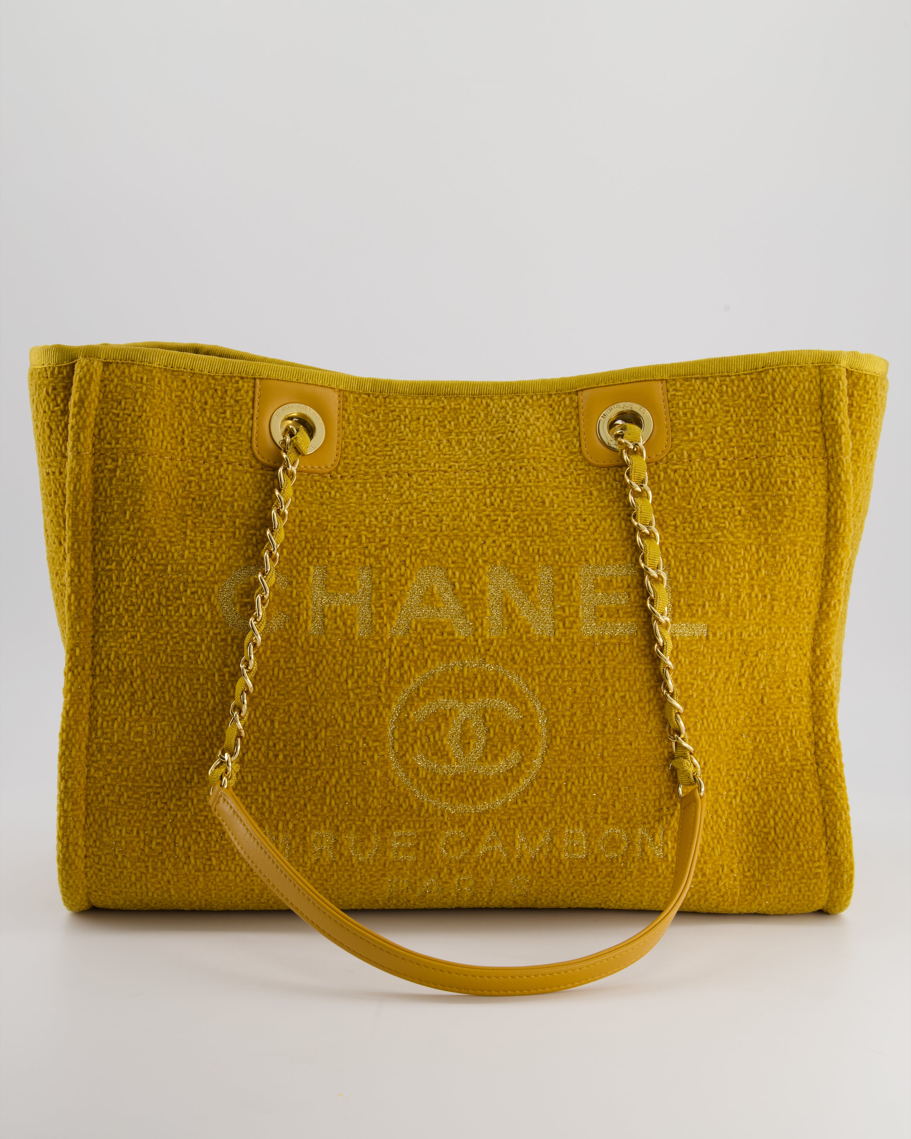 Image of *HOT* Chanel Mustard Yellow Small Deauville Tote Bag in Velvet Tweed with Champagne Gold Hardware