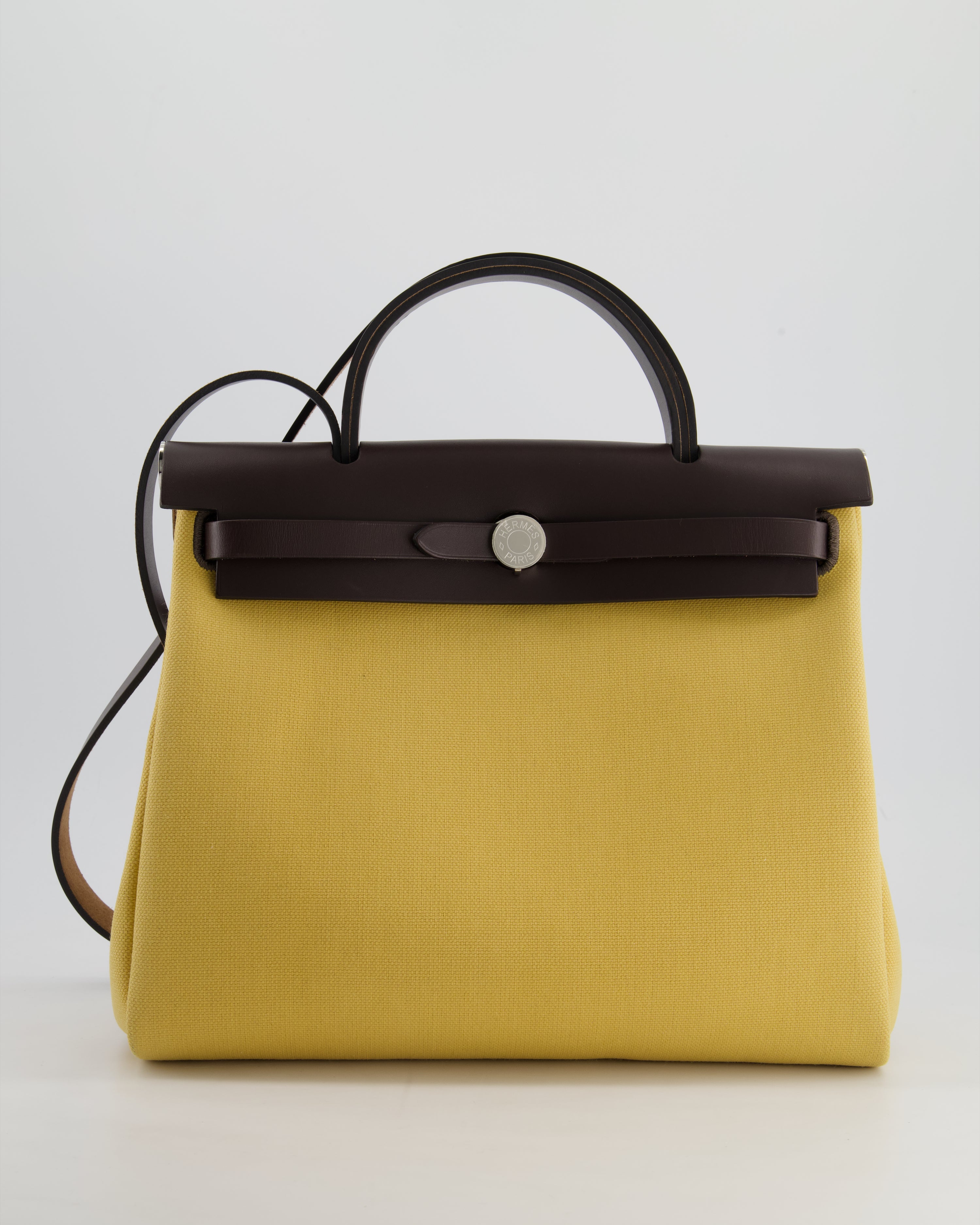 image of Hermès Herbag 31 Bag in Jaune Ambre Canvas and Chocolat Swift Leather with Palladium Hardware