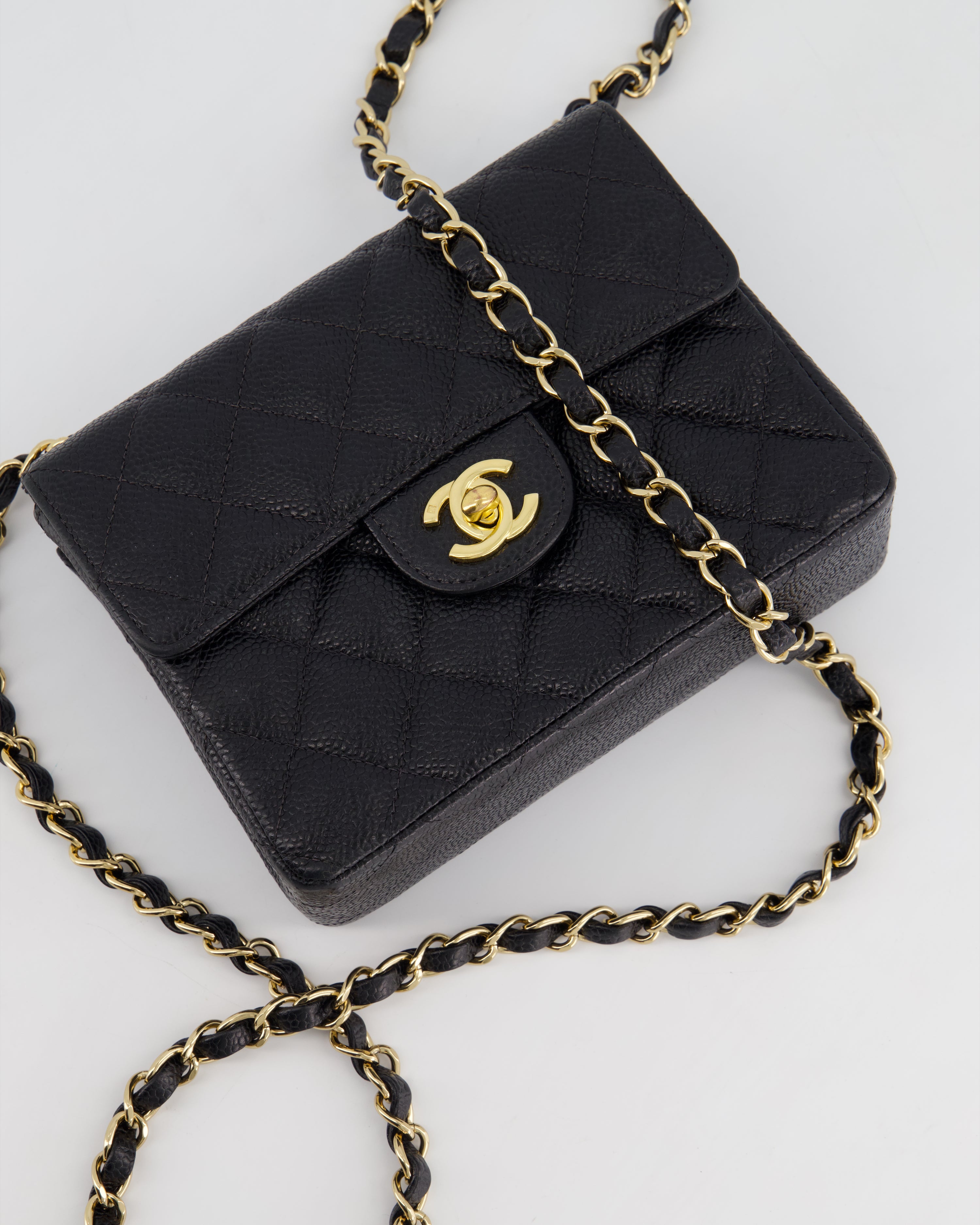 image of *SUPER RARE* Chanel Vintage Black Mini Square Bag in Caviar Leather with 24k Gold Hardware