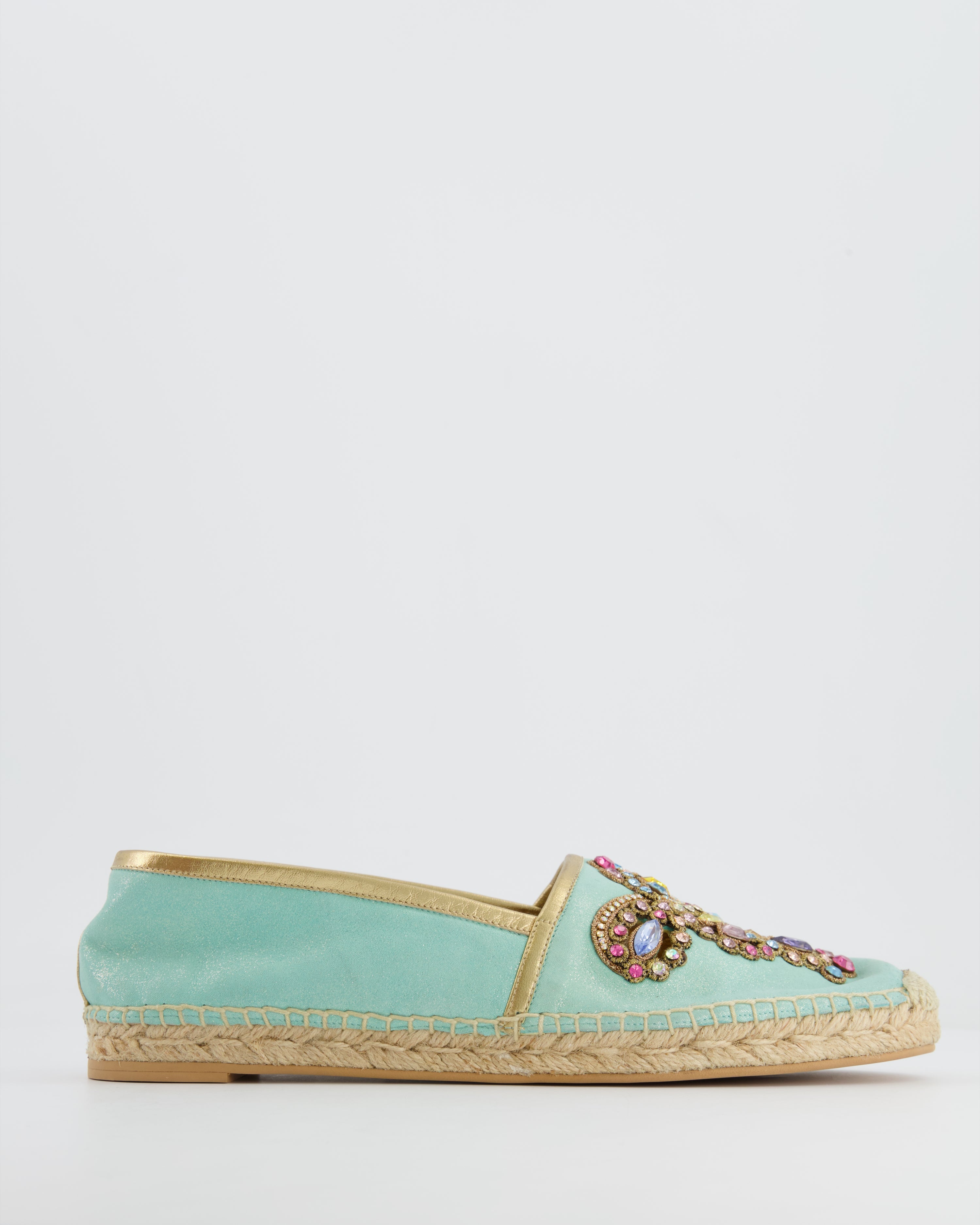 image of Rene Caovilla Turquoise Blue Metallic Espadrilles with Crystal Embellishments Size EU 39