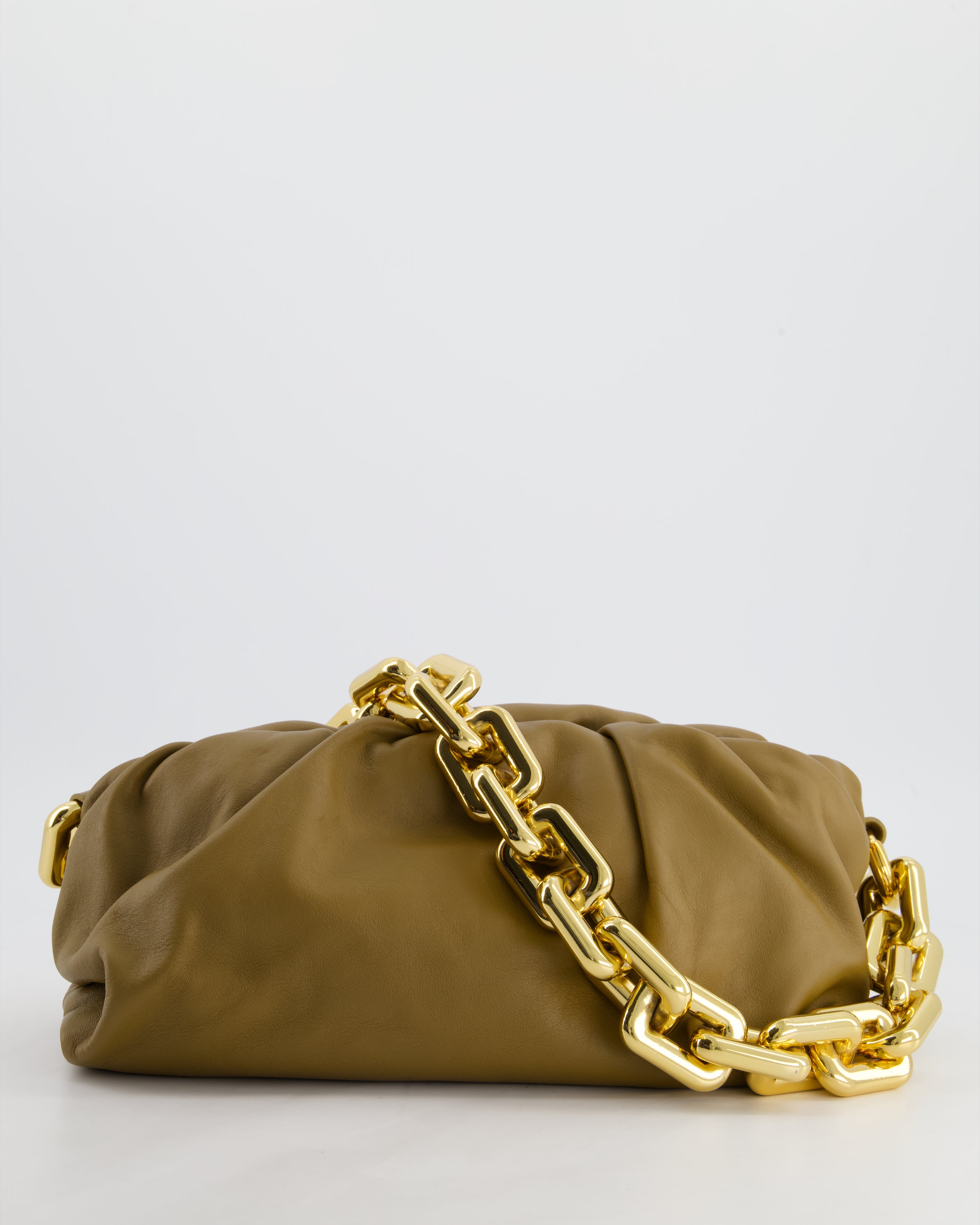 image of *FIRE PRICE* Bottega Veneta Mud Nappa Leather Chain Pouch Bag with Gold Hardware