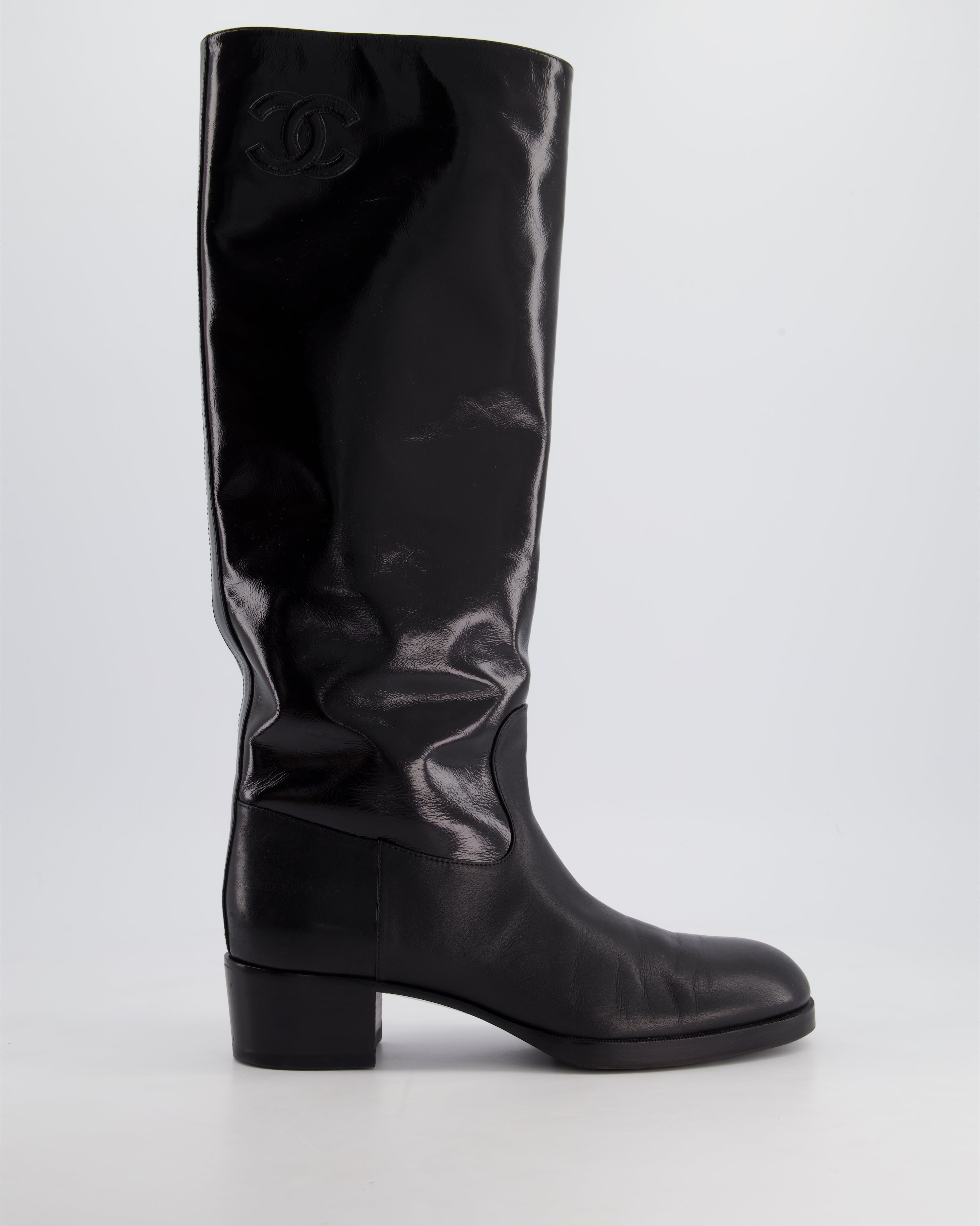 Image of Chanel Black Patent Leather Knee High Boots with Embossed Logo Size EU 40