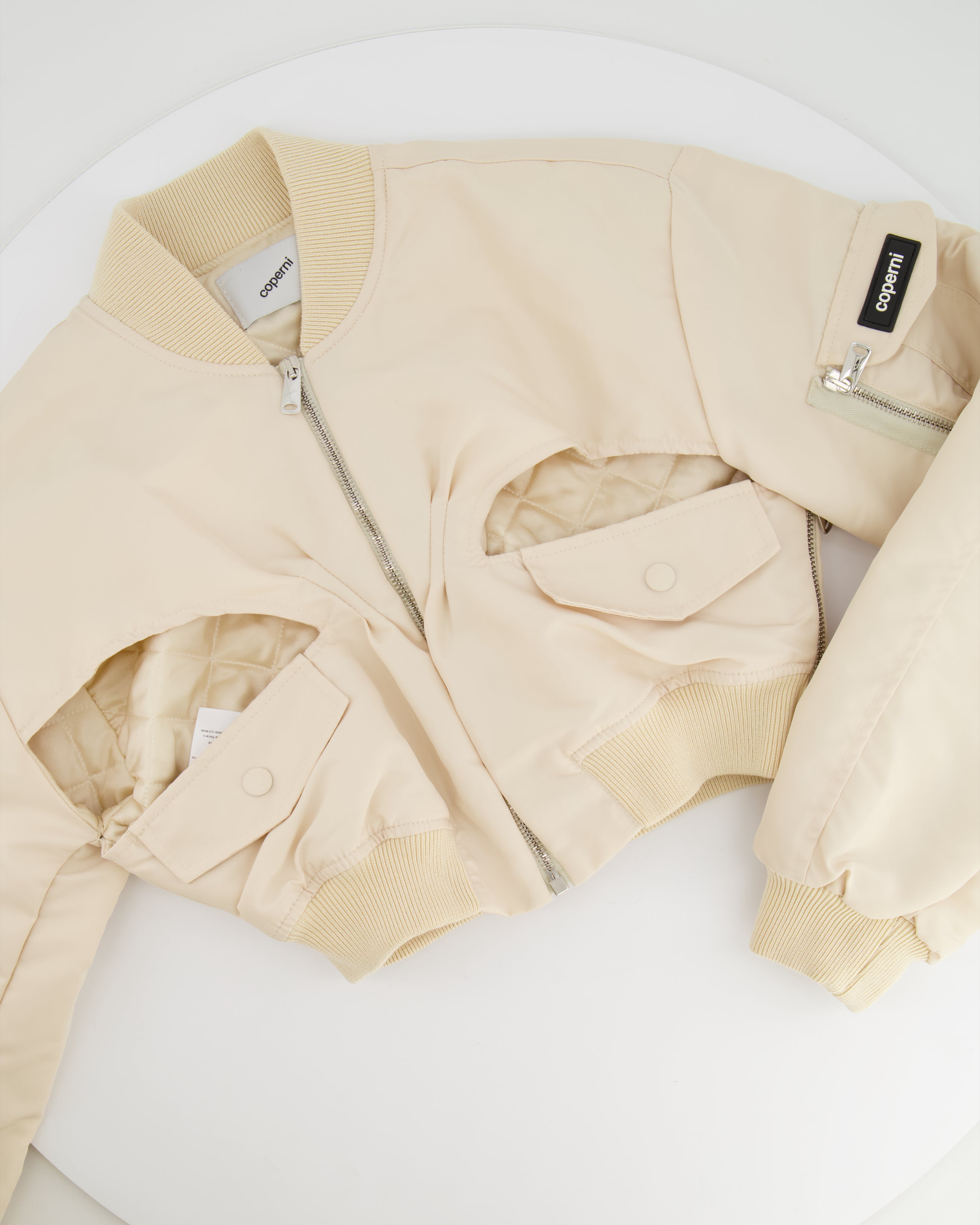 image of Coperni Vanilla Beige Cut-Out Cropped Bomber Jacket with Logo Size FR 36 (UK 8)