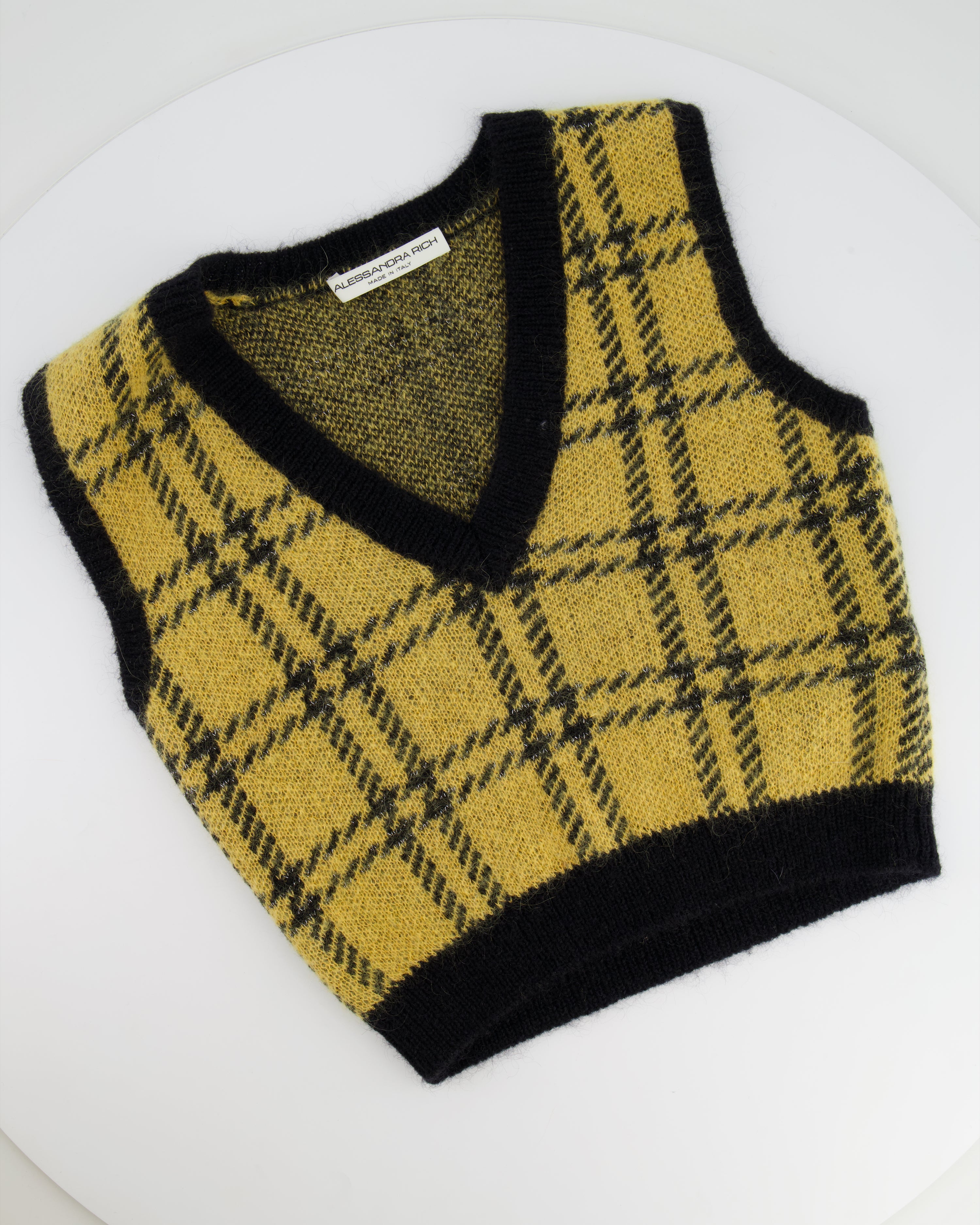 image of Alessandra Rich Yellow Mustard and Black Checked Mohair Cropped Top Size IT 40 (UK 8)