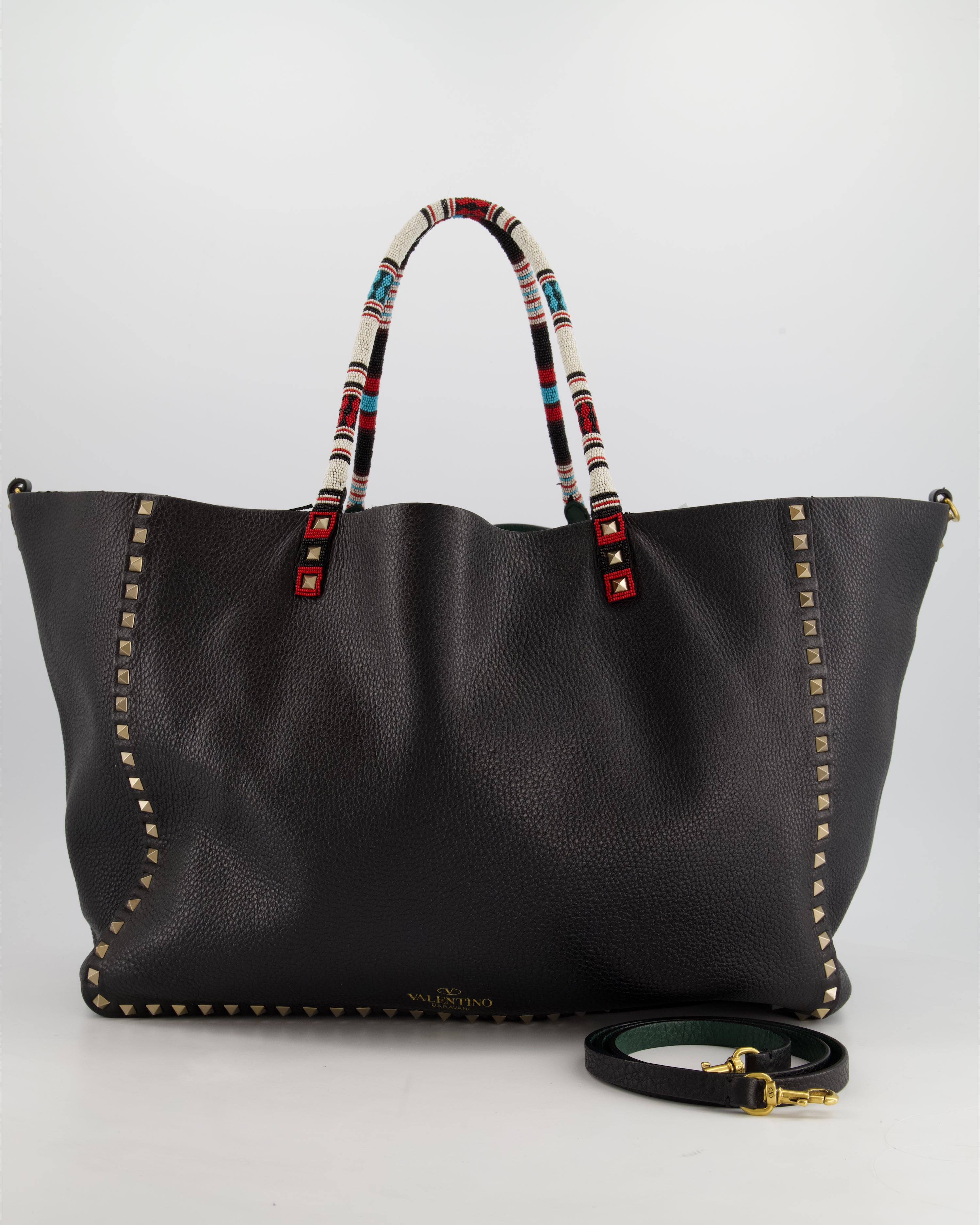 image of Valentino Black, Green Reversible Leather Rockstud Tote Bag with Beaded Handle Detail