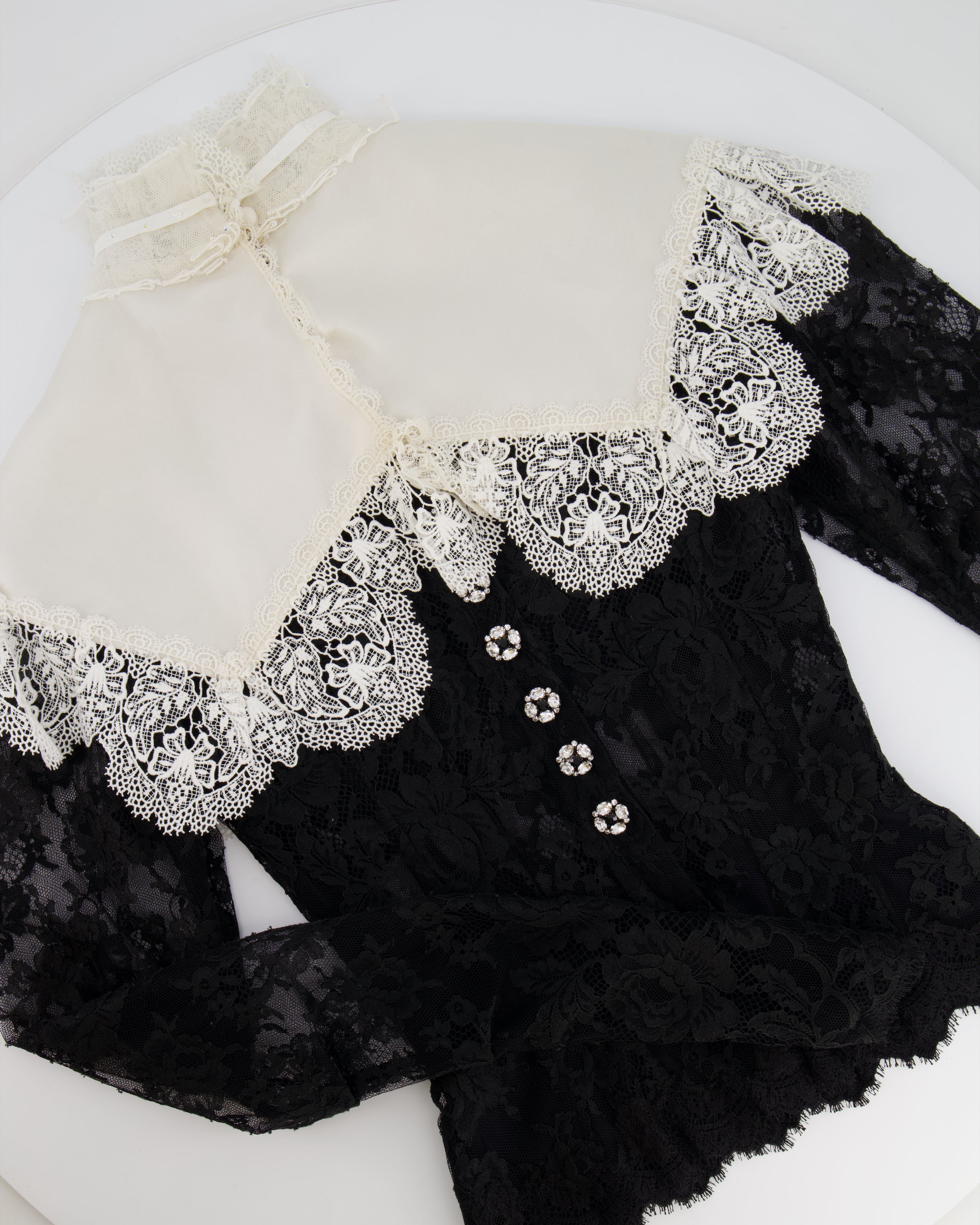 image of Dolce & Gabbana Black Mesh Long-Sleeve White Lace and Silk Collar Corset Top with Crystal Button De