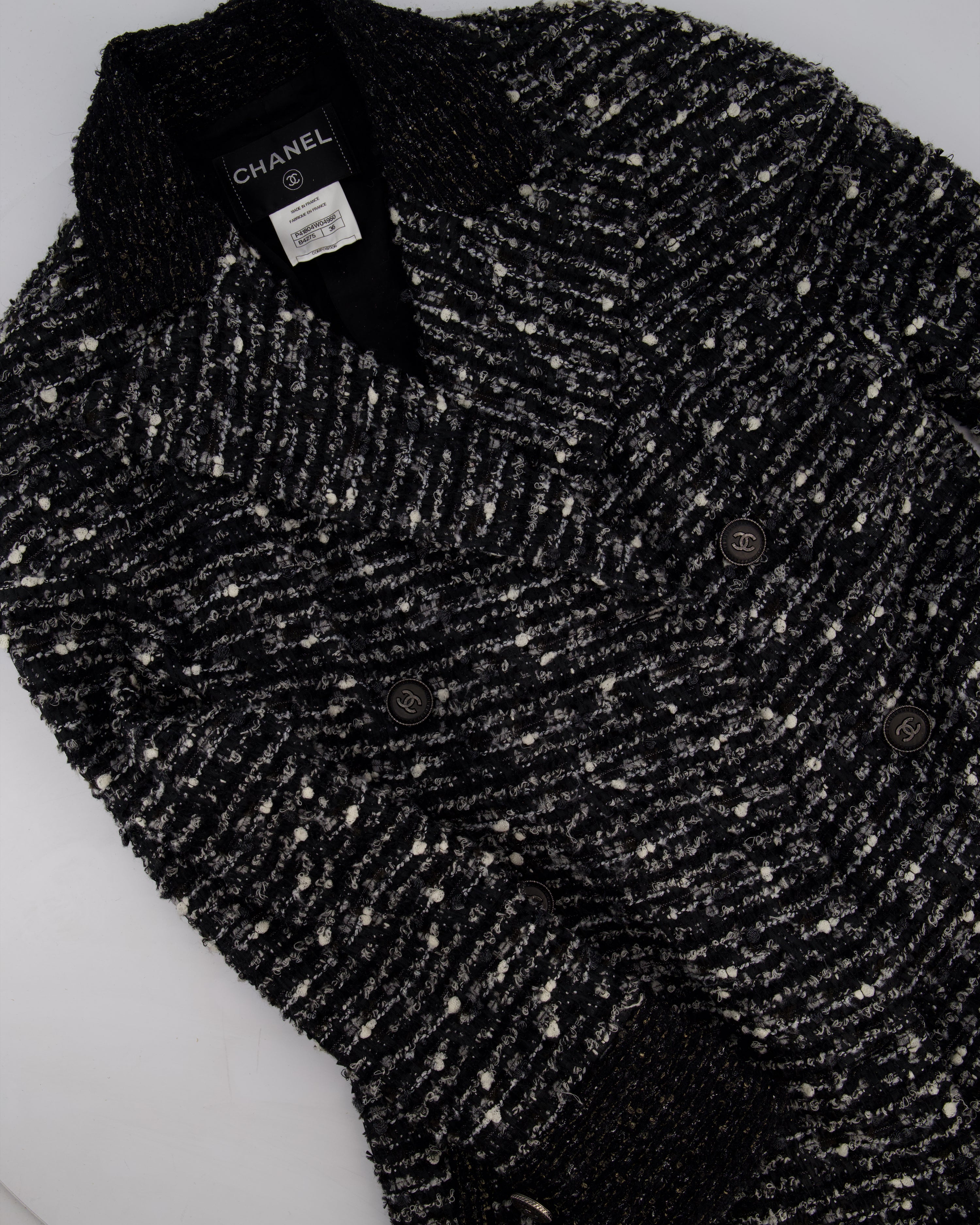 image of Chanel Black, Grey & White Tweed Double Breasted Jacket with Black CC Logo Buttons Size FR 36 (UK 8