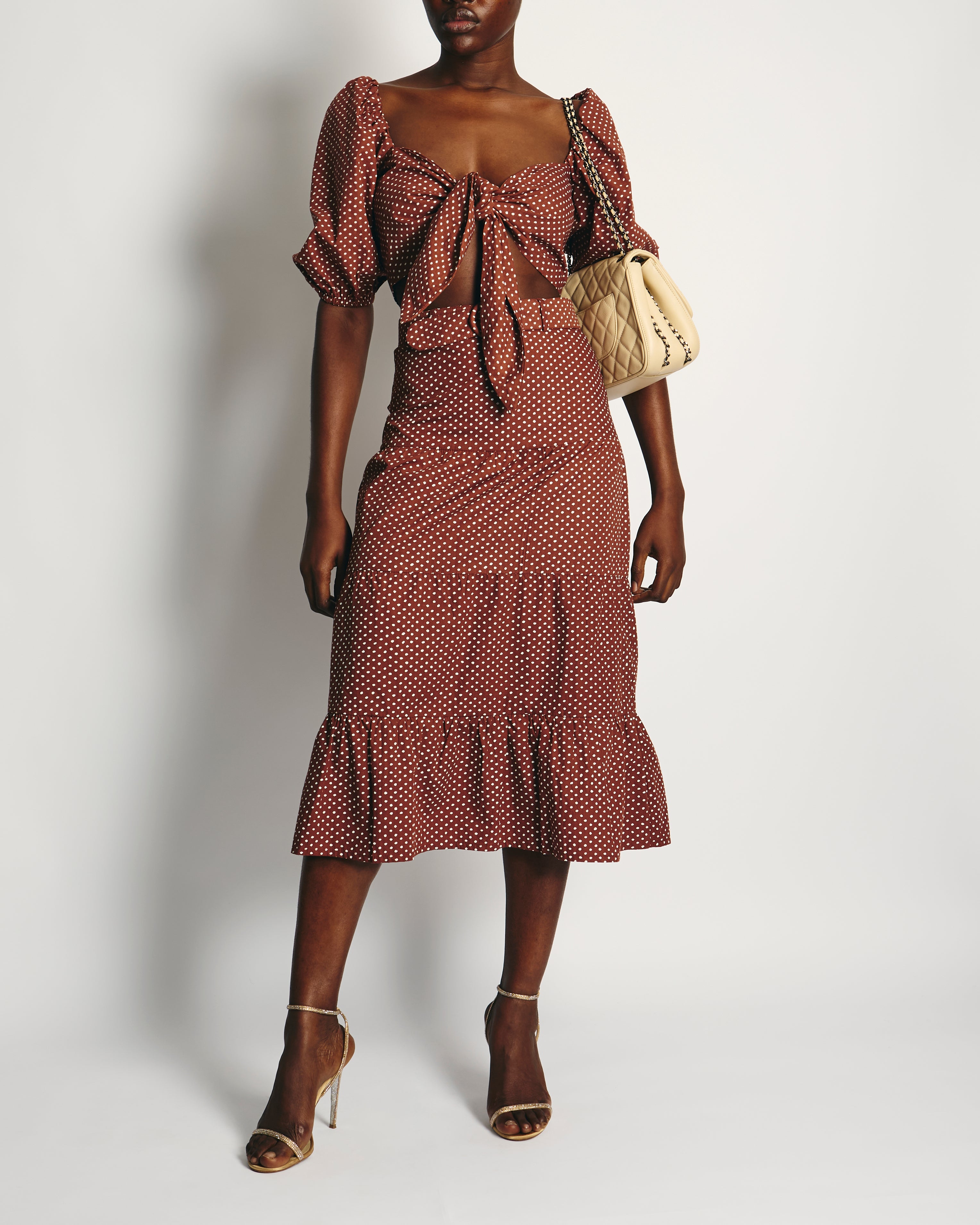 image of Faithfull the Brand Brown with White Polka Dot Wrap Crop Top and Midi Skirt with Belt Set Size S (U