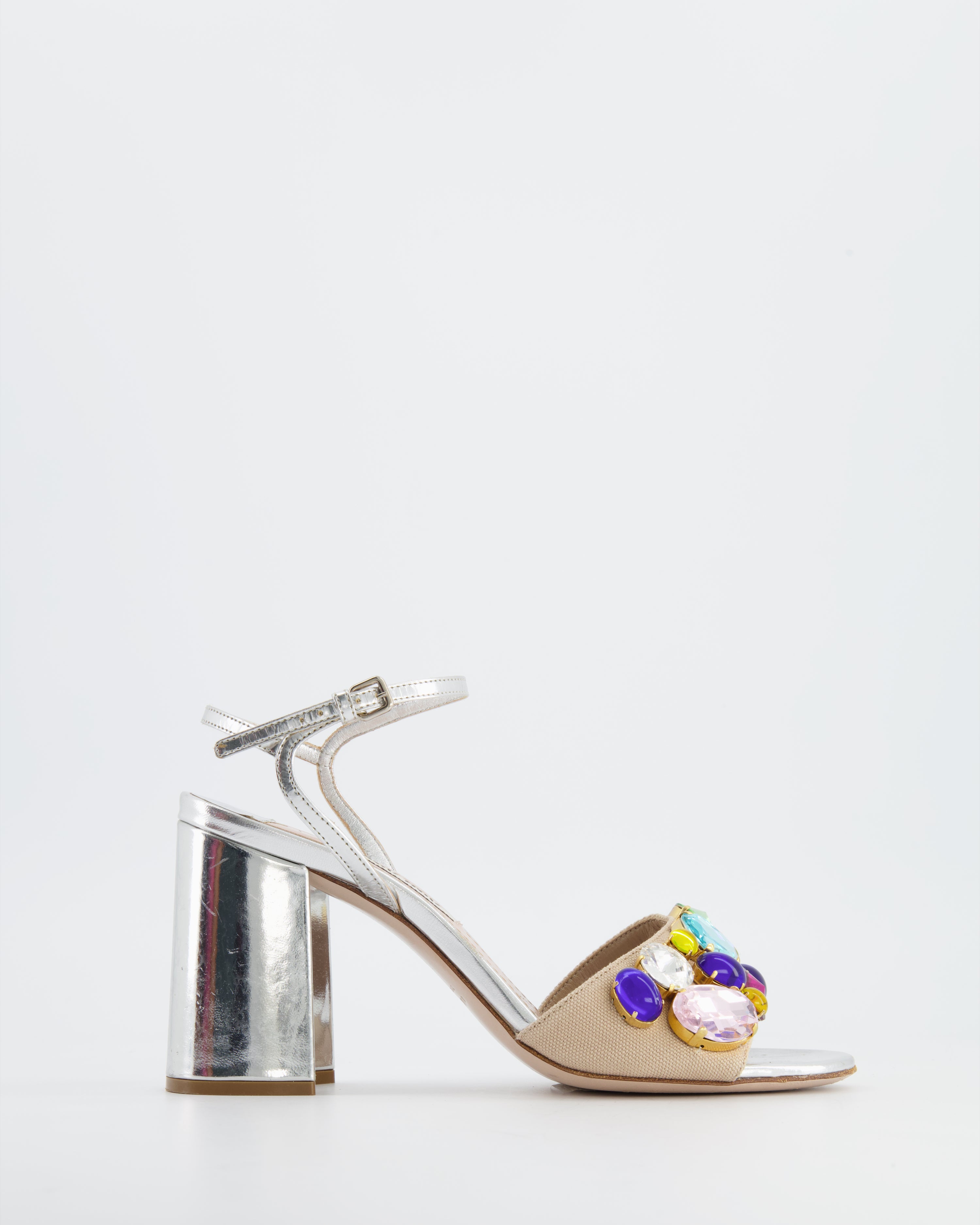 image of Miu Miu Silver Sandals with Crystal Embellishment Size 36