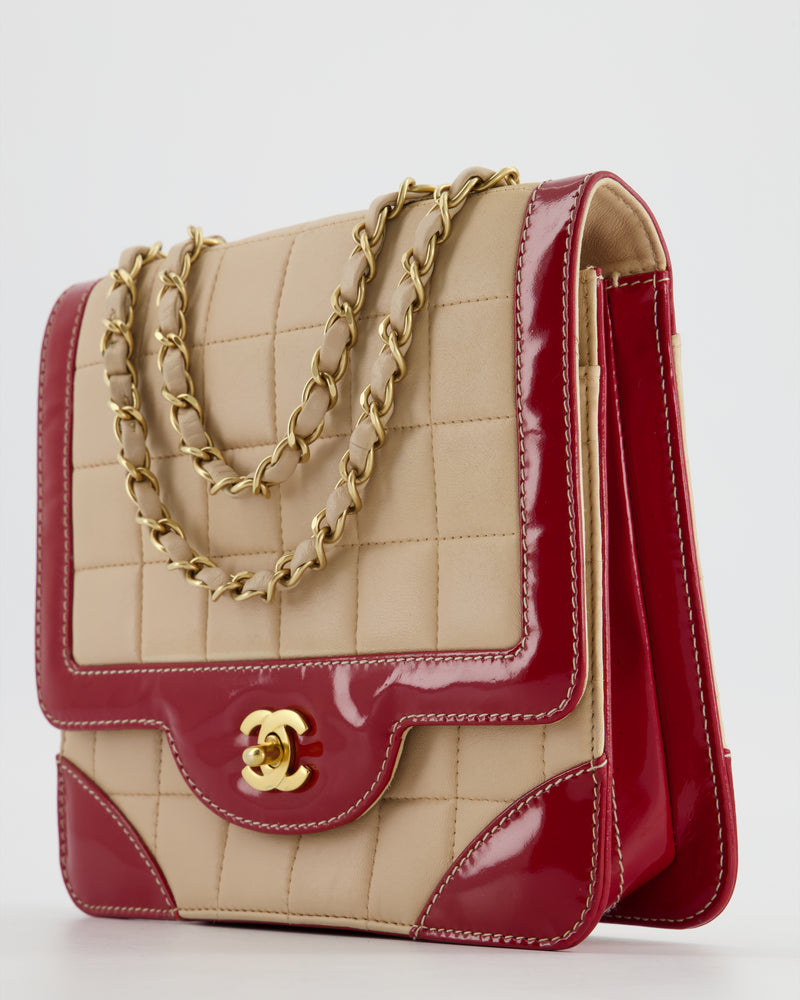 Chanel Vintage Cream and Red Chocolate Bar Shoulder Bag With Brushed Gold Hardware