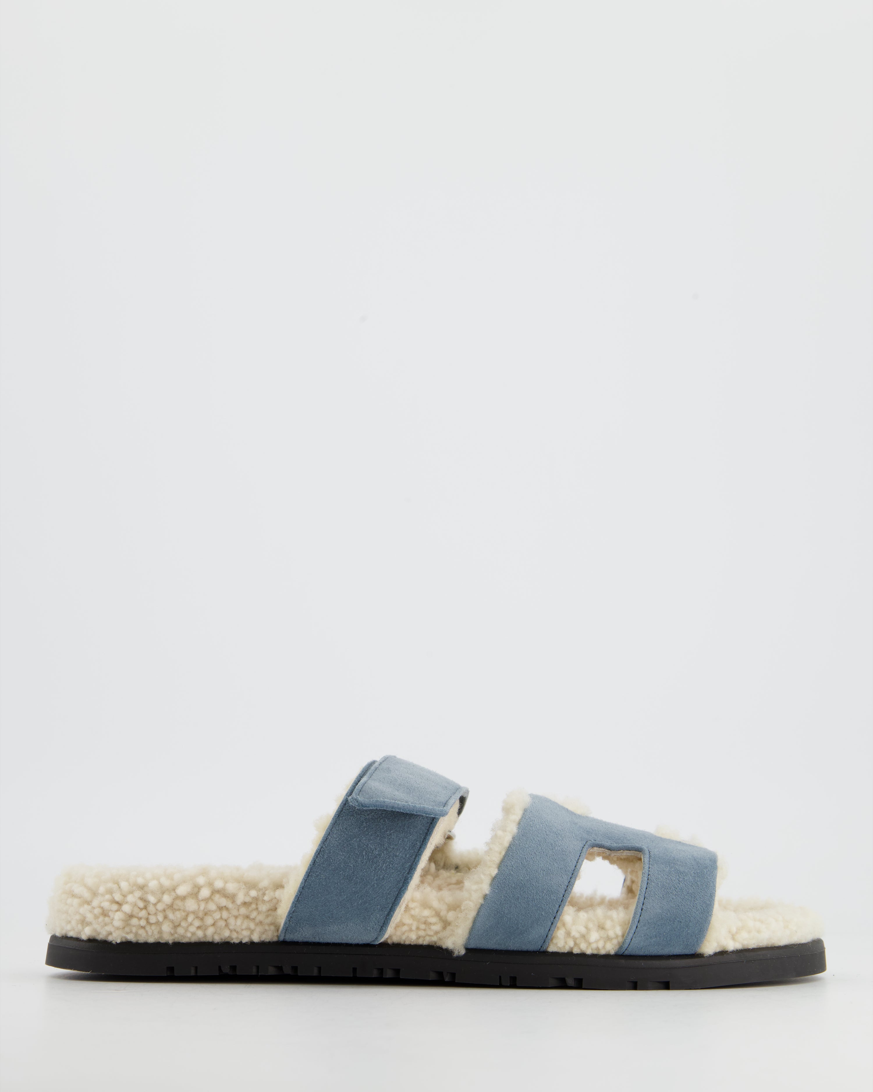 Image of Hermès Blue Pinede and Ecru Shearling Chypre Sandals Size 39