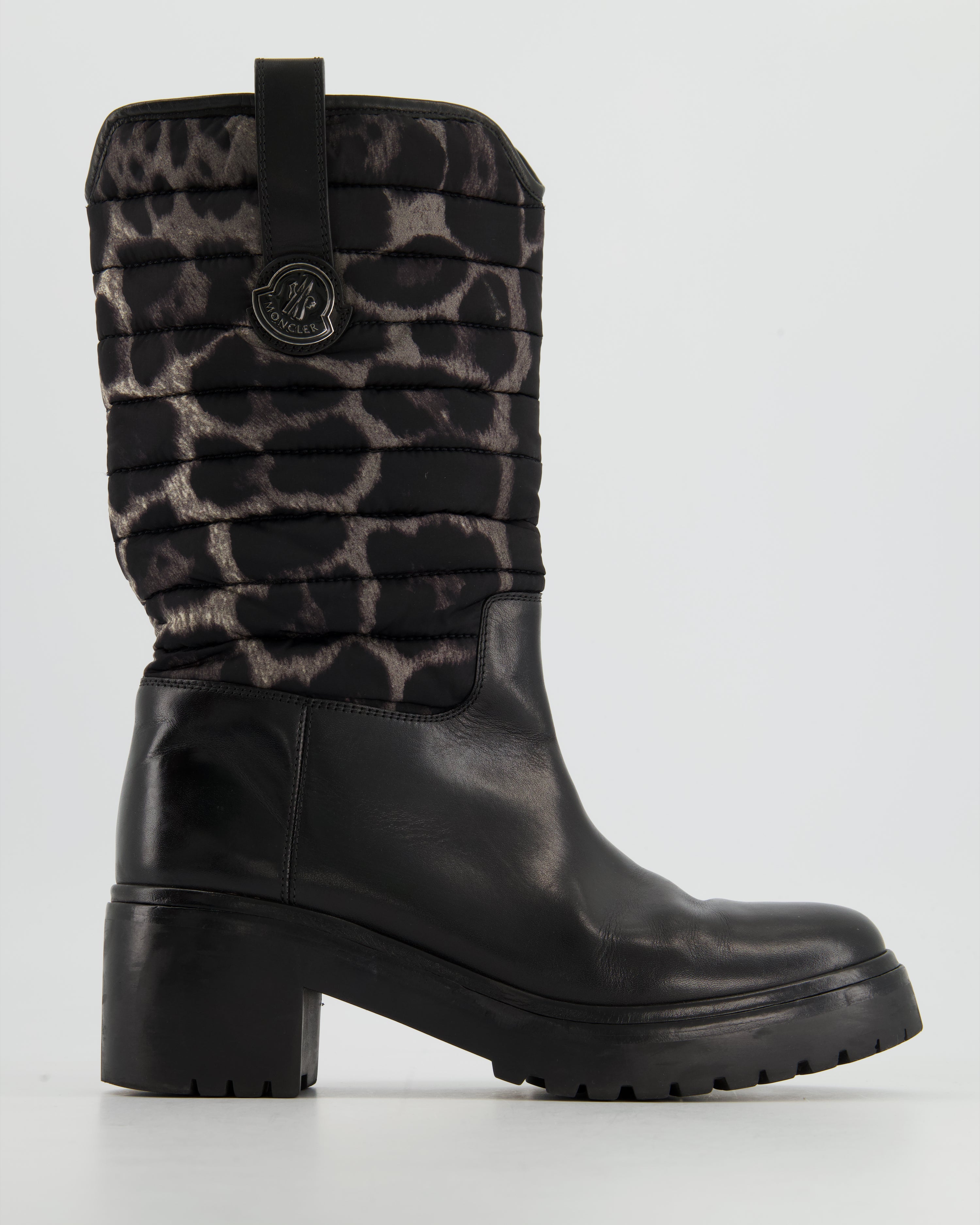 Image of Moncler Leopard Print Leather and Padded Nylon Ski Boots Size EU 39