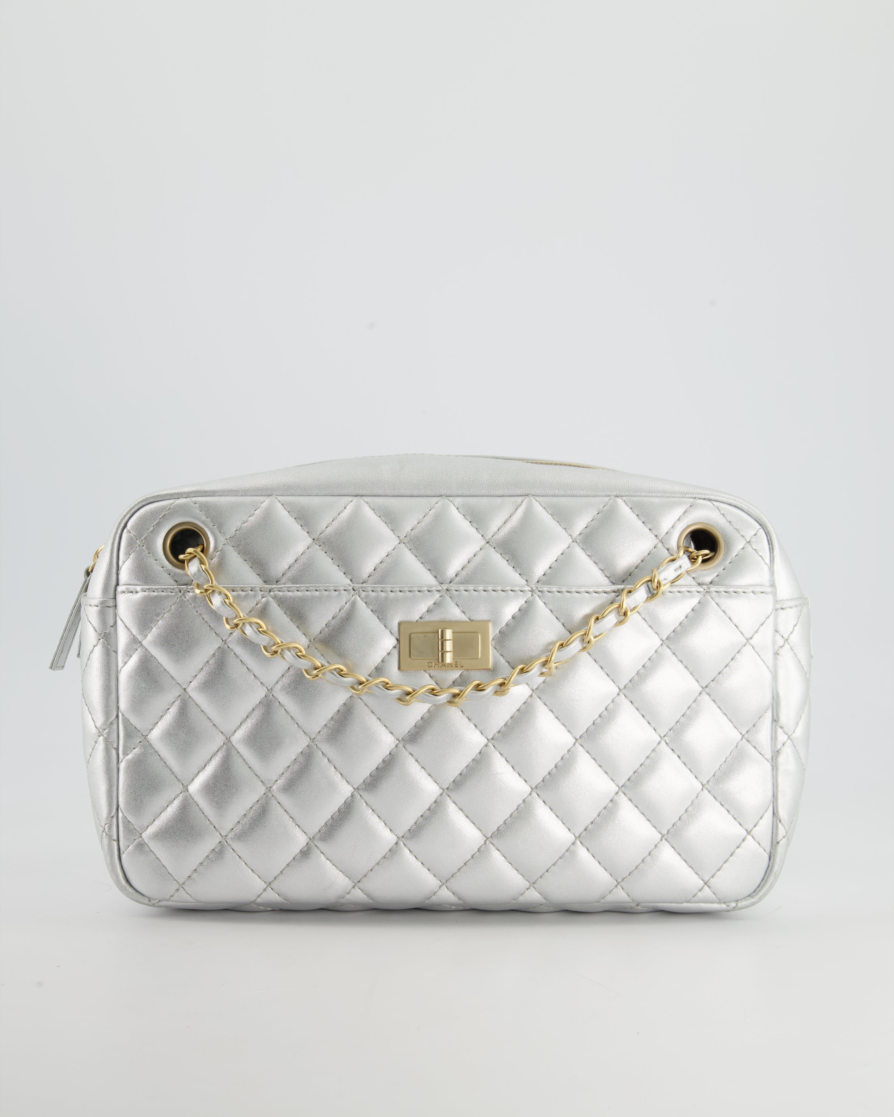 image of Chanel Metallic Silver Camera Bag in Lambskin With Brushed Gold Hardware