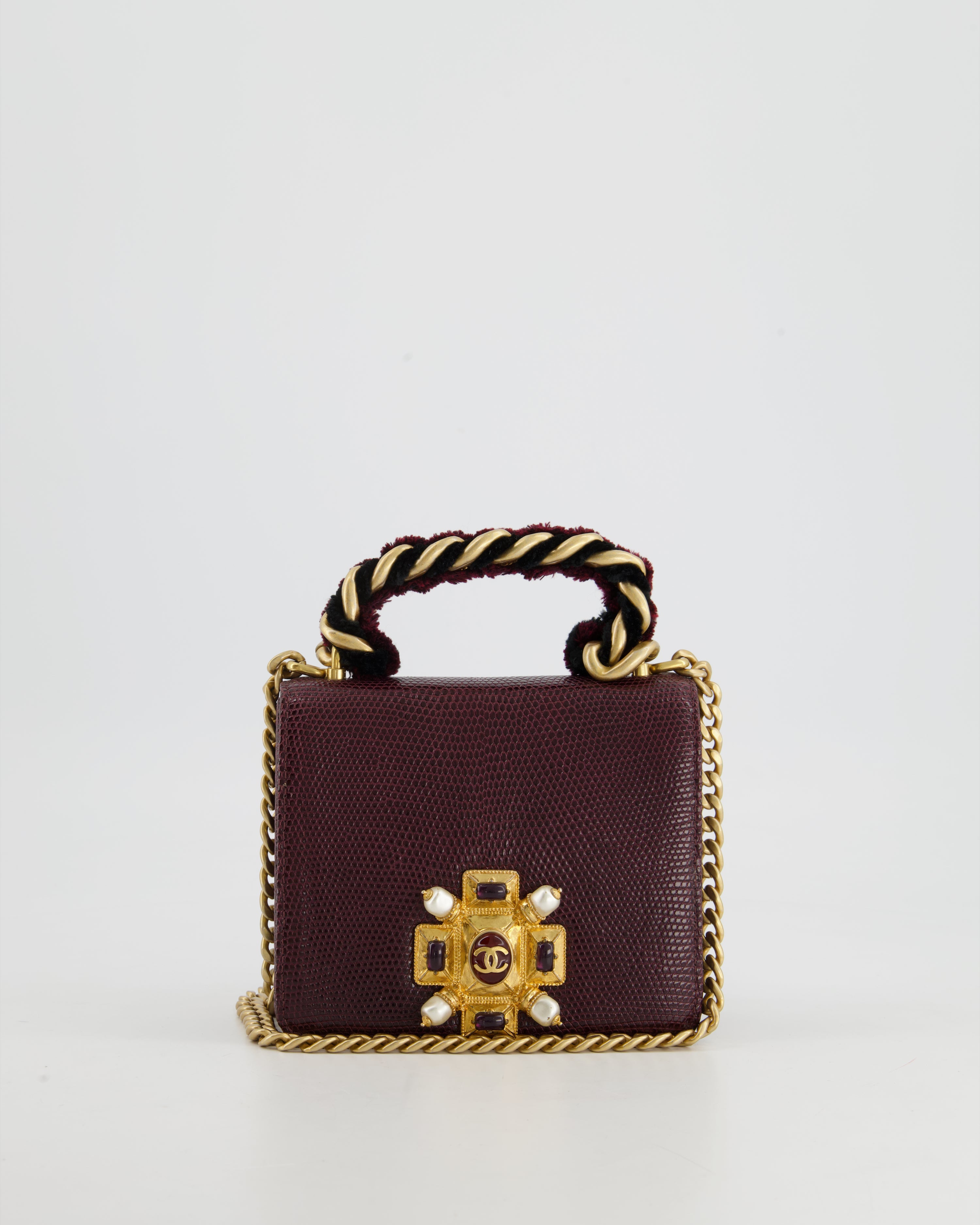 Chanel Mini Burgundy Lizard Flap Bag with Top Handle and Gold Cross Em –  Sellier