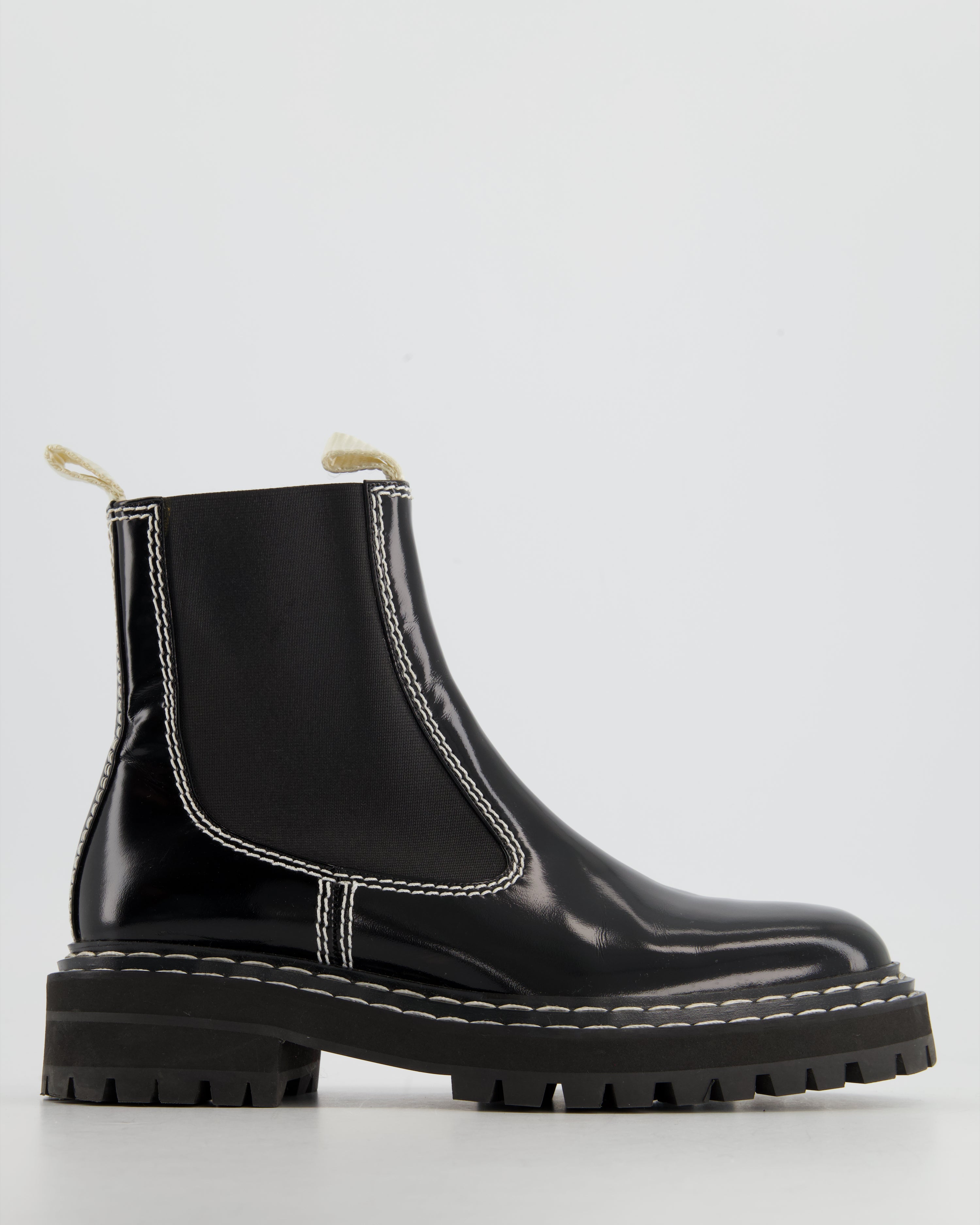 image of Proenza Schouler Black Patent Chelsea Boot with Contrast Stitching Size EU 39