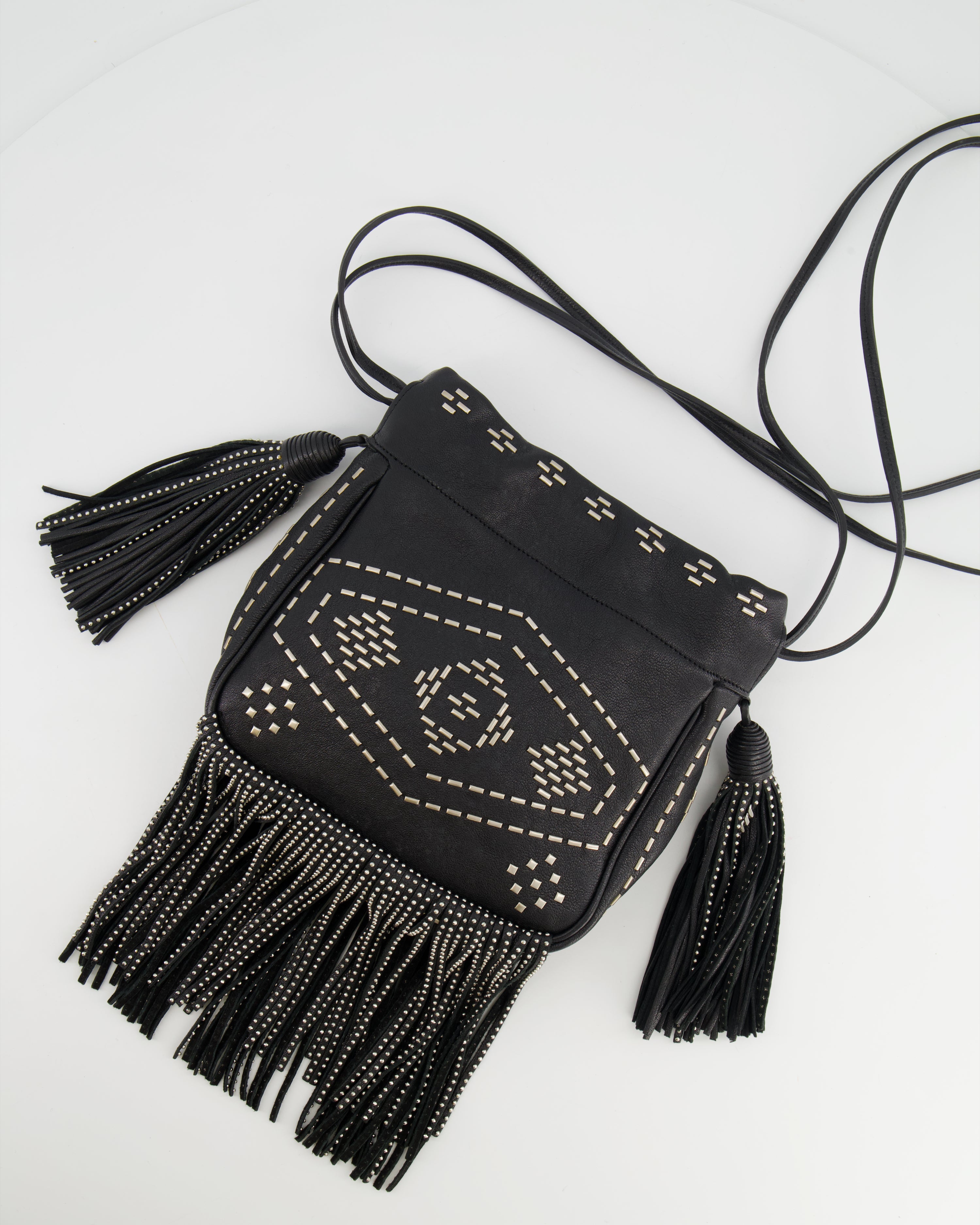 Image of Saint Laurent Black Studded Bag with Fringe Details