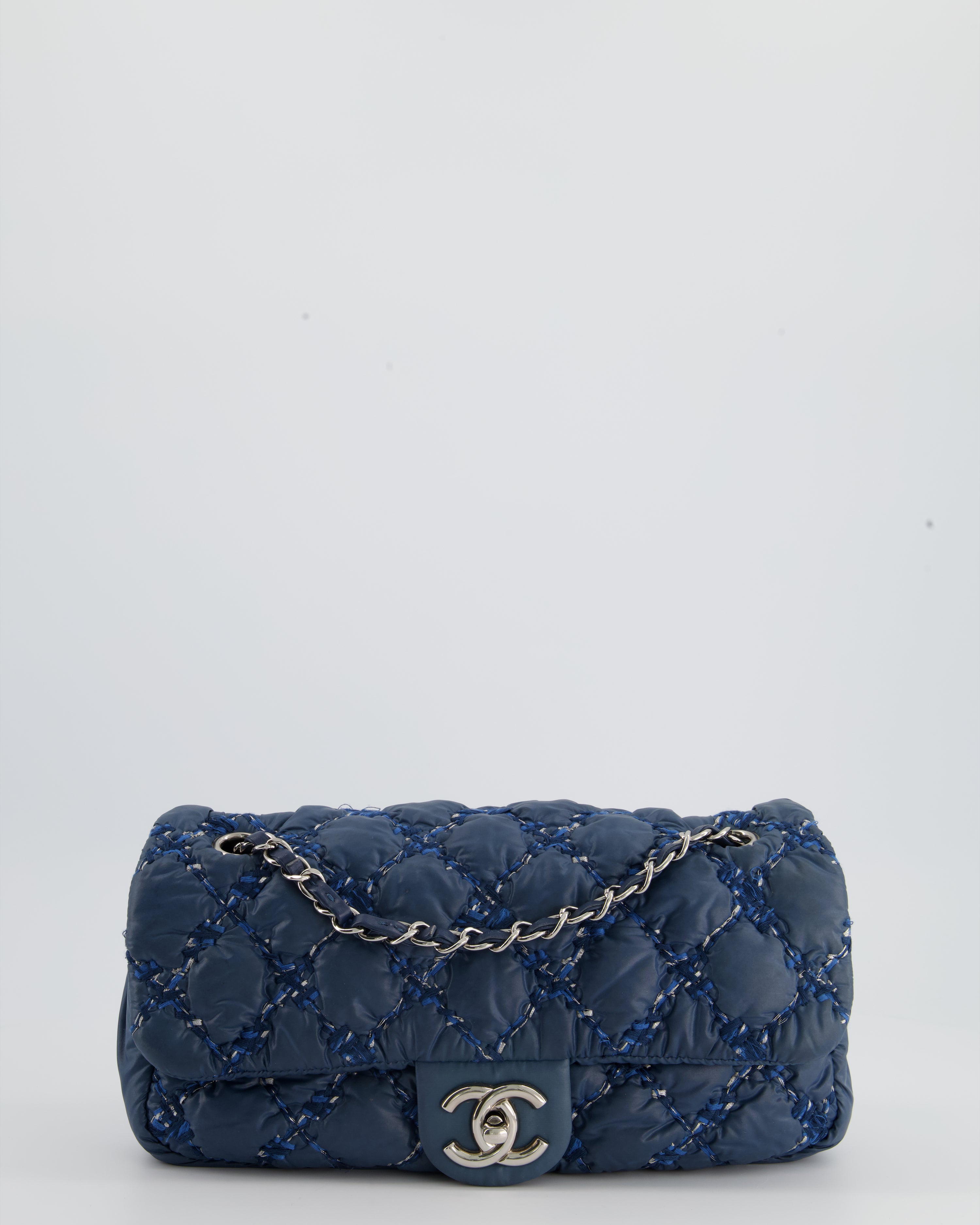 Chanel Dark Blue Nylon Shoulder Bag with Tweed Detailing and Silver Ha –  Sellier