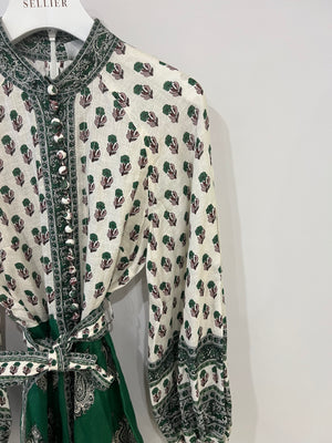 Zimmermann Green Printed Linen Dress with Belt Size 1 (UK 10)