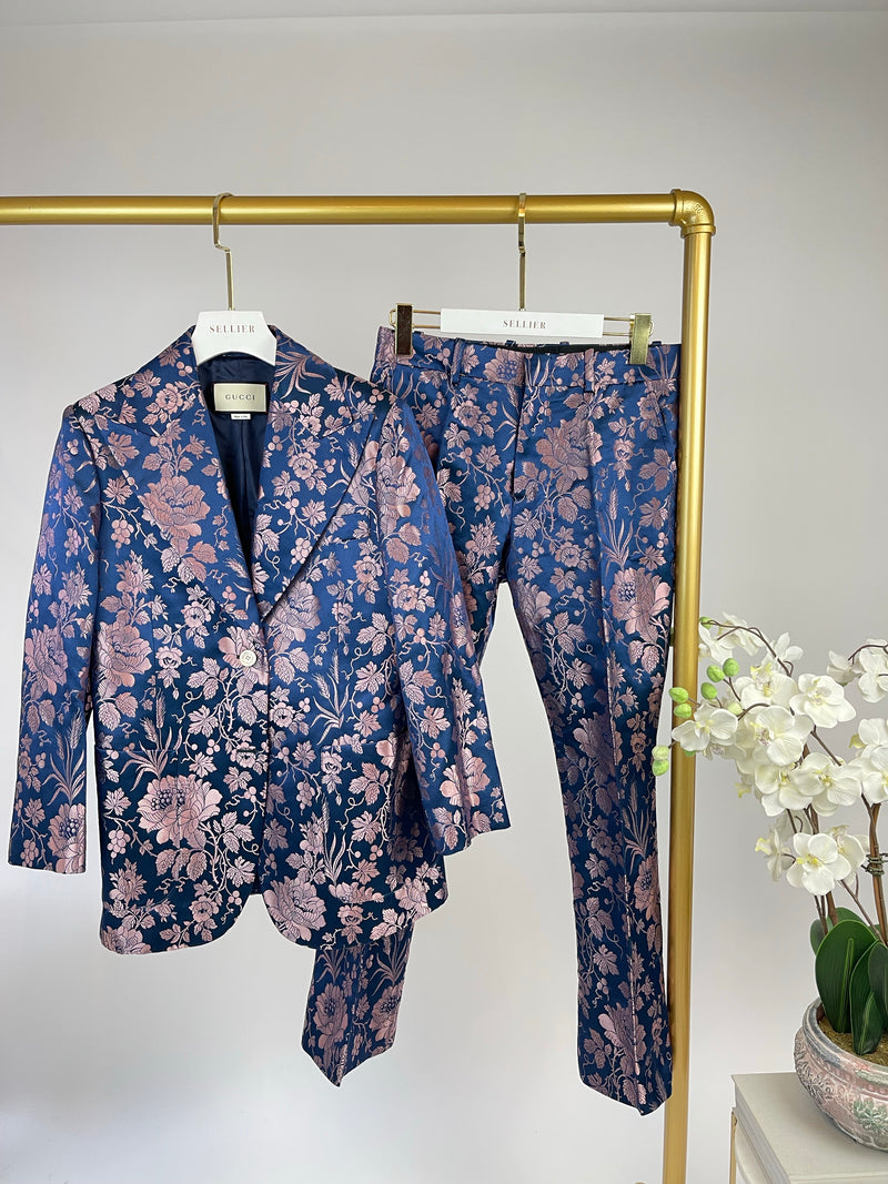 Gucci Navy With Pink Floral Brocade Pattern Suit Jacket And Trouser Set IT 42 (UK 10) (Tall)