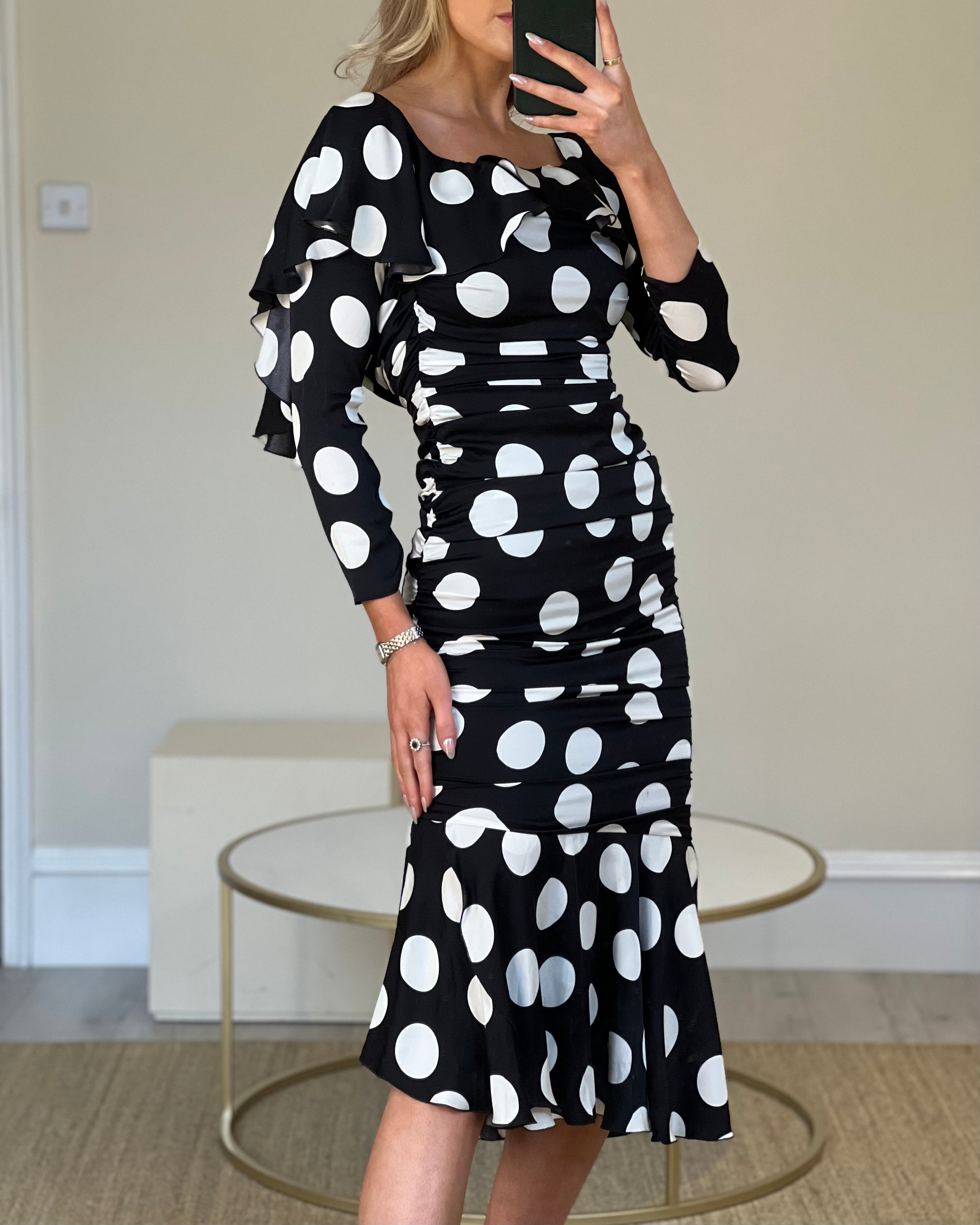 Dolce & Gabbana Black and White Spotted Satin Midi Dress with Ruched D –  Sellier