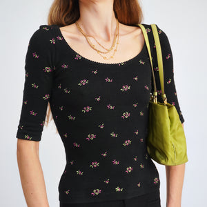 Delicate 2000s Embroidered Floral Ribbed Top