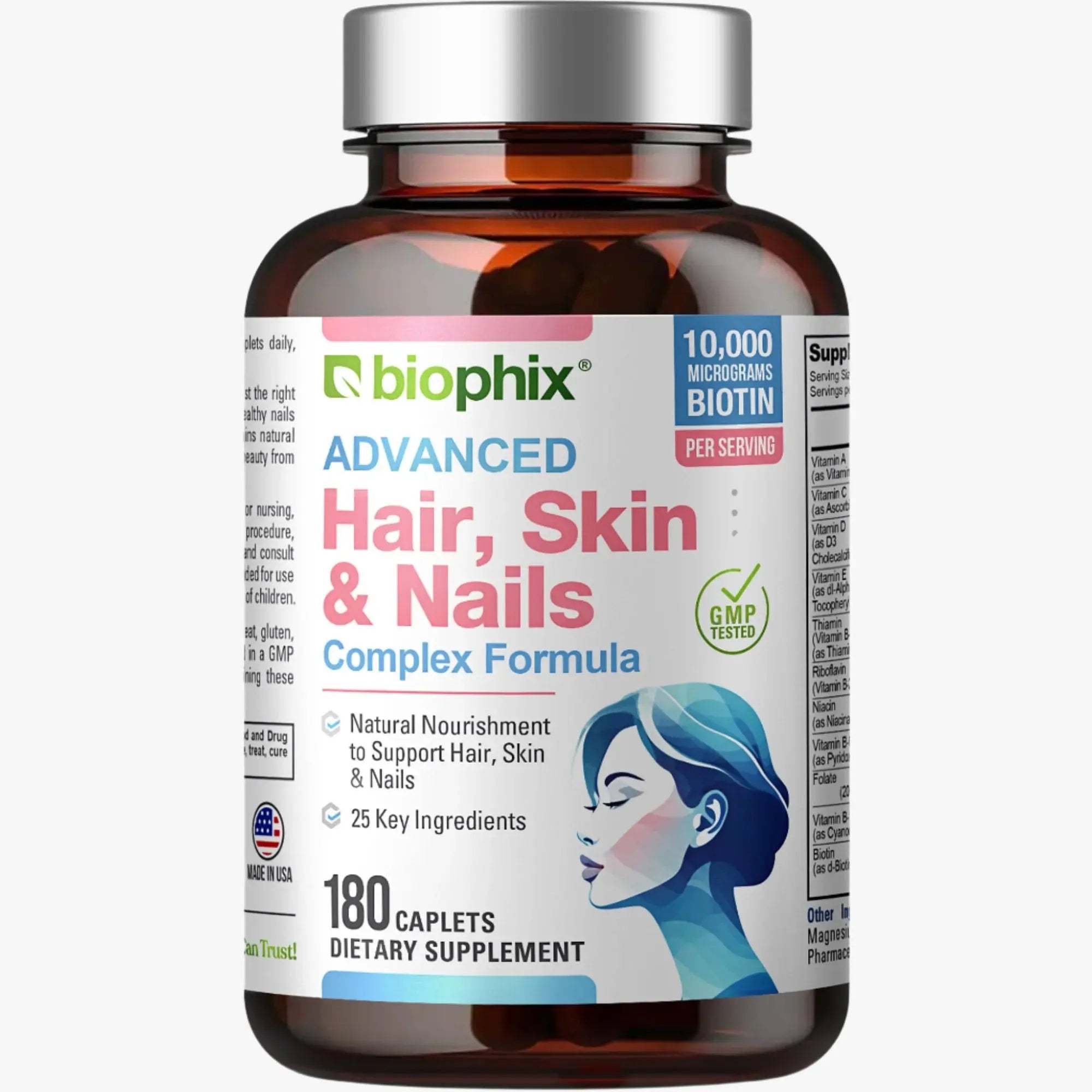 biophix Hair Skin and Nails Complex 180 Caplets with 10,000 mcg Biotin