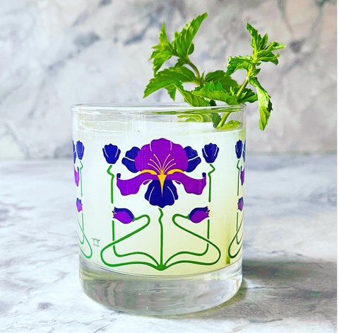 Purple iris rocks floral etched glassware