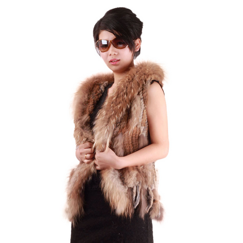 Knitted Rabbit Fur Vest with Raccoon Fur Trim