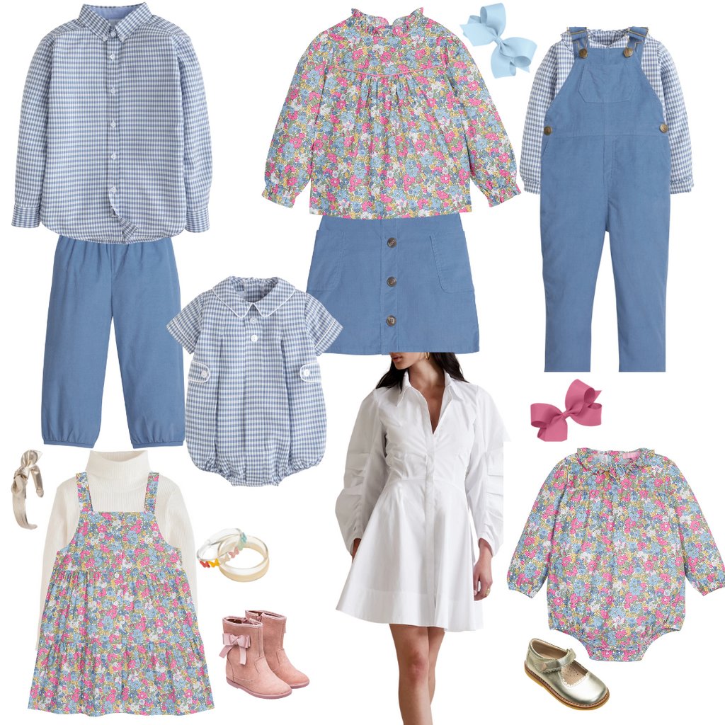 blue pink and cream florals and plaid, family photoshoot outfits - bows bangles headbands light blue pink turtleneck dresses for moms