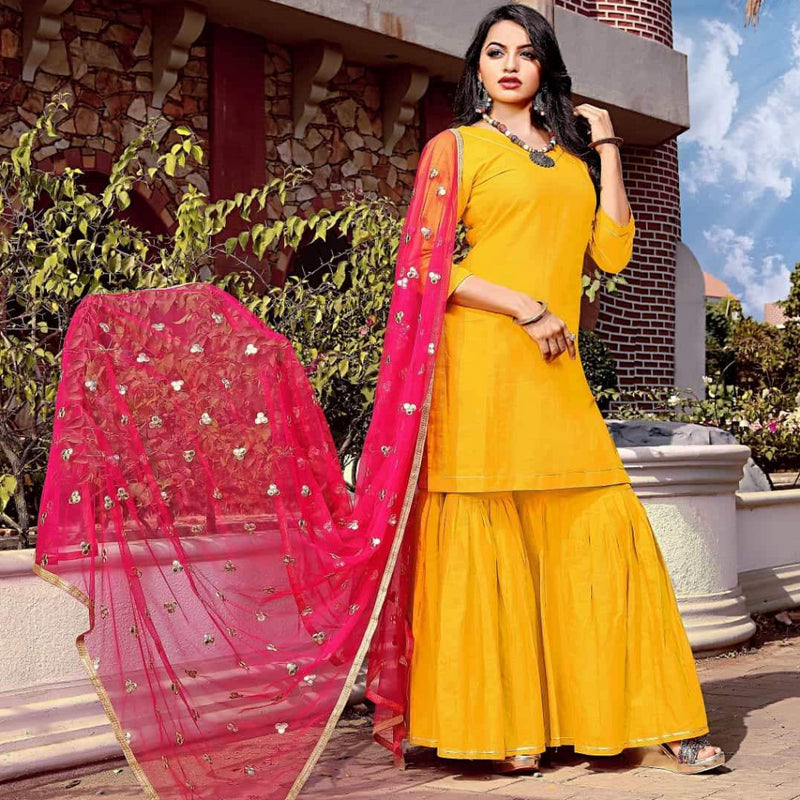 yellow dress with pink dupatta