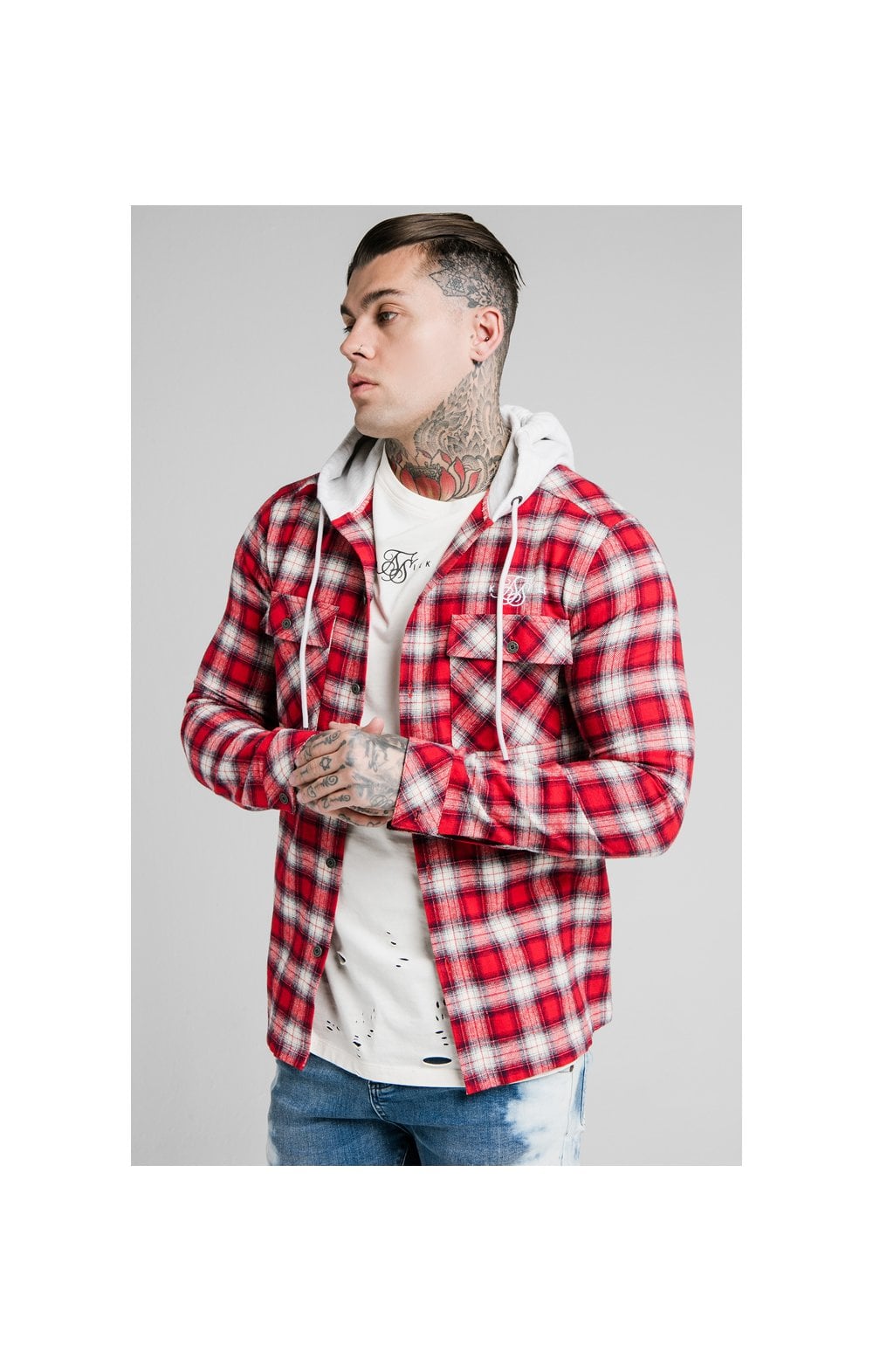 off white red flannel jacket