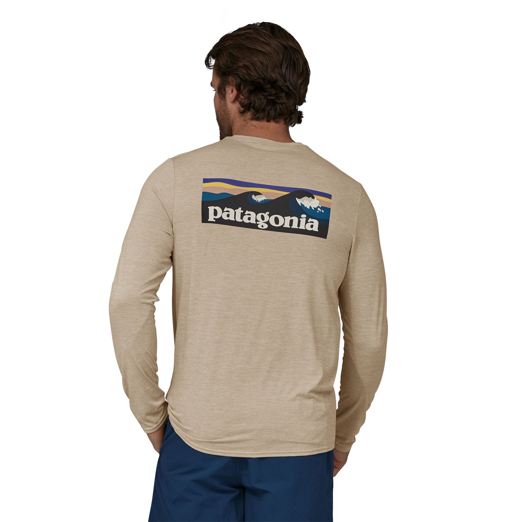 Patagonia Men's Long-Sleeved Capilene Cool Daily Fish Graphic Shirt Text Logo: Light Plume Grey / 3XL