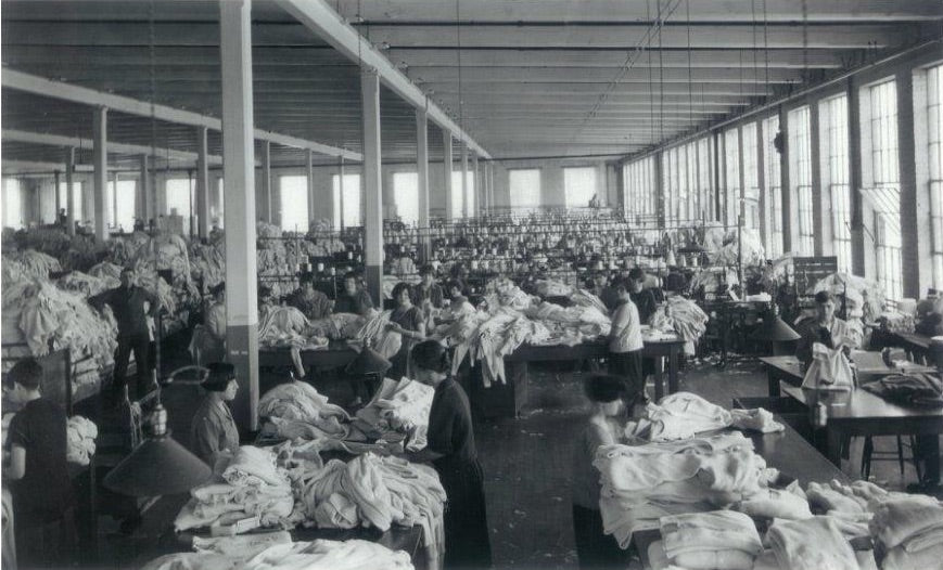 Historic photograph of the inside of the Stanfield's factory