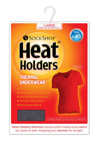 Mens Thermal V Neck Short Sleeve Top - Charcoal – Heat Holders