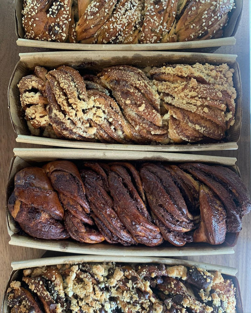 Top down photo of three different babkas. 