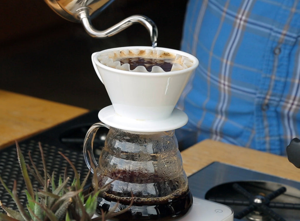 Person pouring water into a pour-over device.