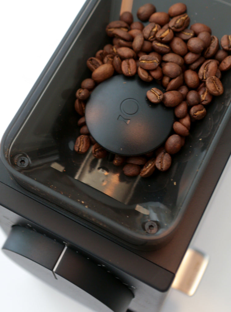 Photo of coffee beans in a grinder.