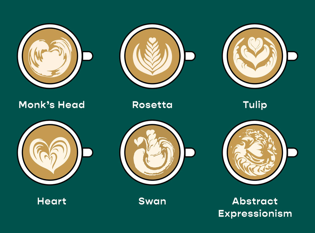 Illustration of a monk's head, a rosetta, a tulip, a heart, a swan, and abstract expressionism
