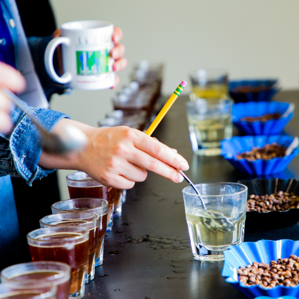 Photo of two people cupping coffee. The photo is close up on hands washing spoons in water.