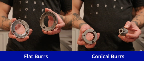 Two photos of a person holding coffee grinder burrs. On the left, they are holding flatt burrs and on the right they are holding conical burrs. There is text on the image differentiating which is which.